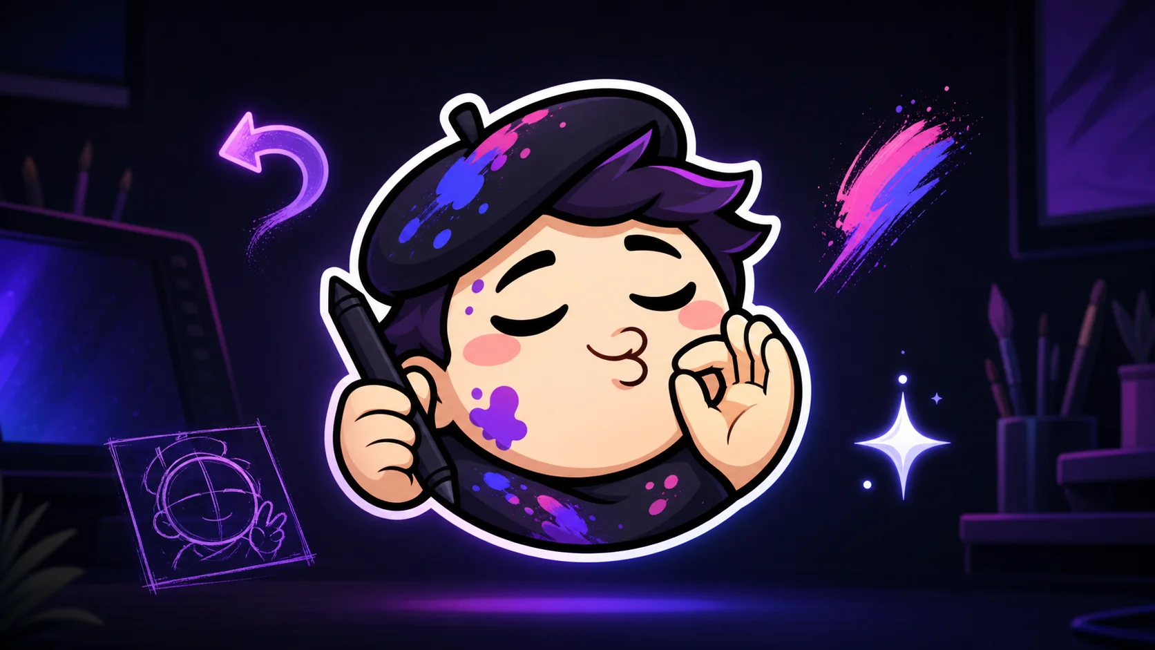 Original art streamer mascot showing work-in-progress, undo, praise, and finished reactions