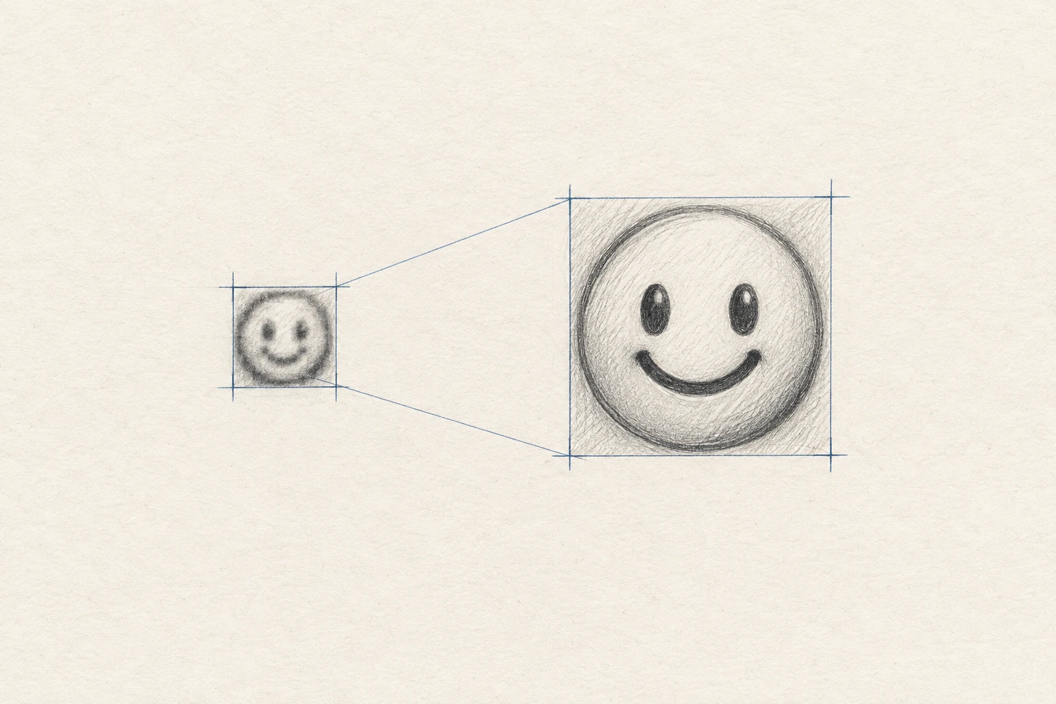 A pencil drawing comparing a tiny fuzzy face with a clear crop