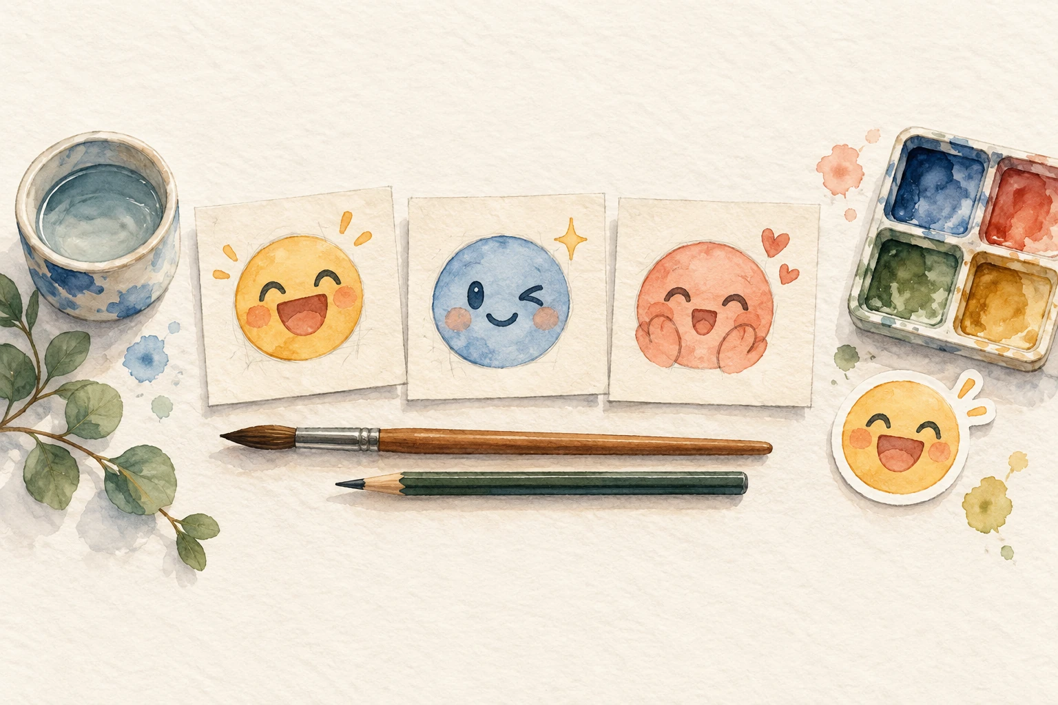 A watercolor workbench with emoji faces and editing tools