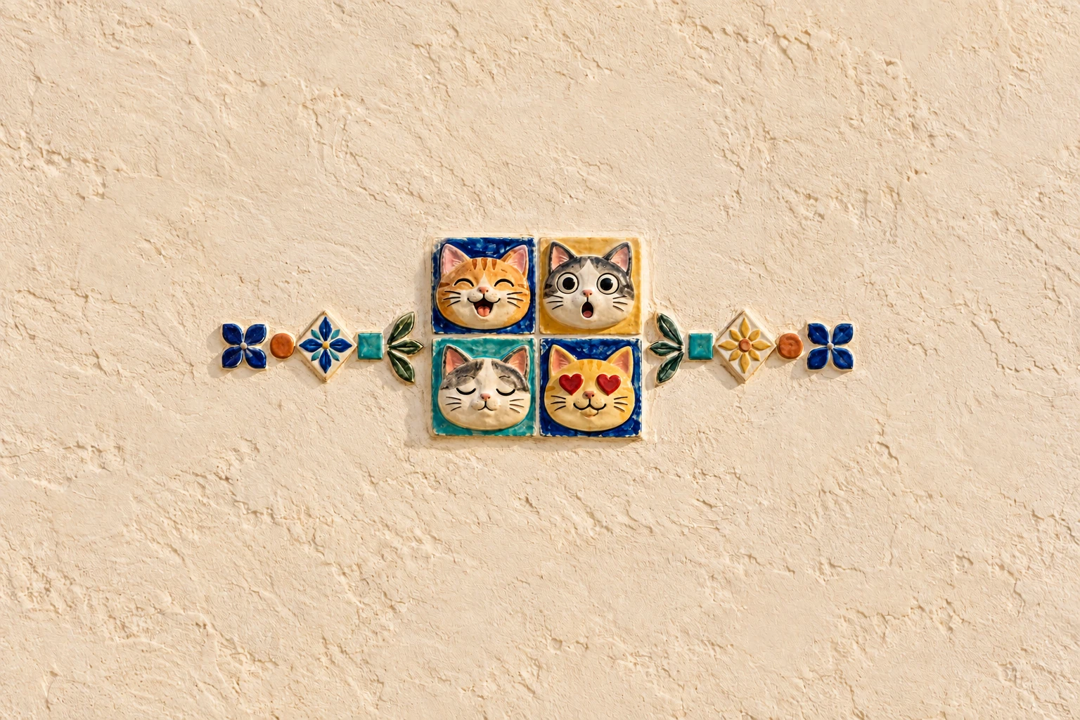 A ceramic tile mosaic with four expressive cat faces