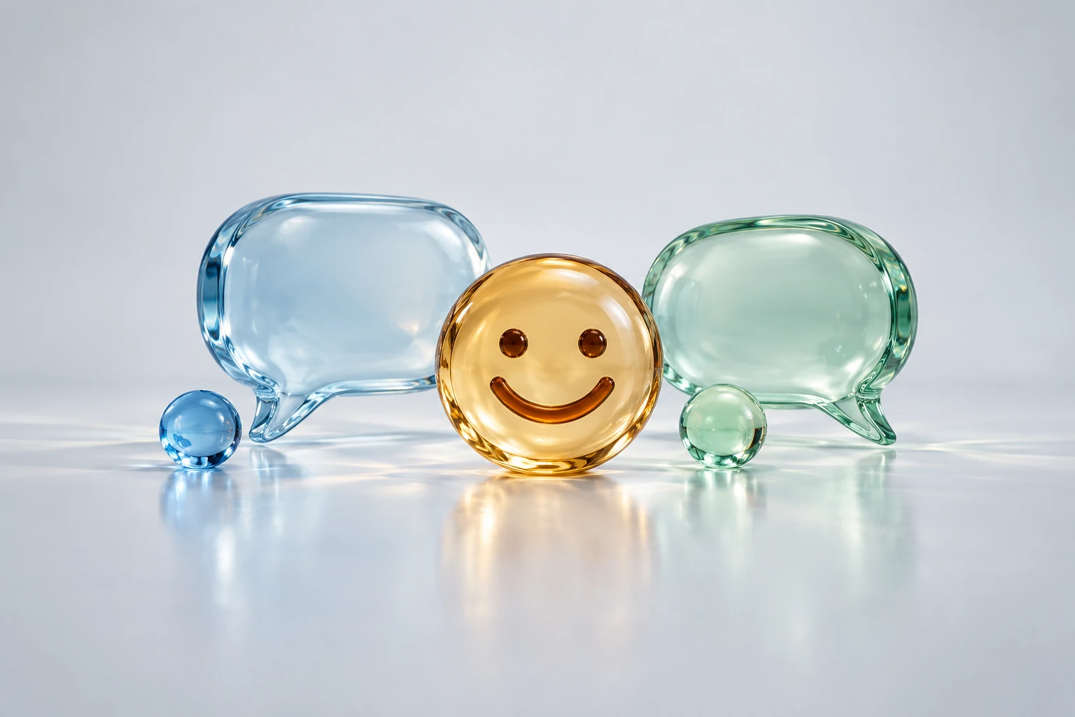 Translucent glass speech bubbles and friendly emoji sculptures