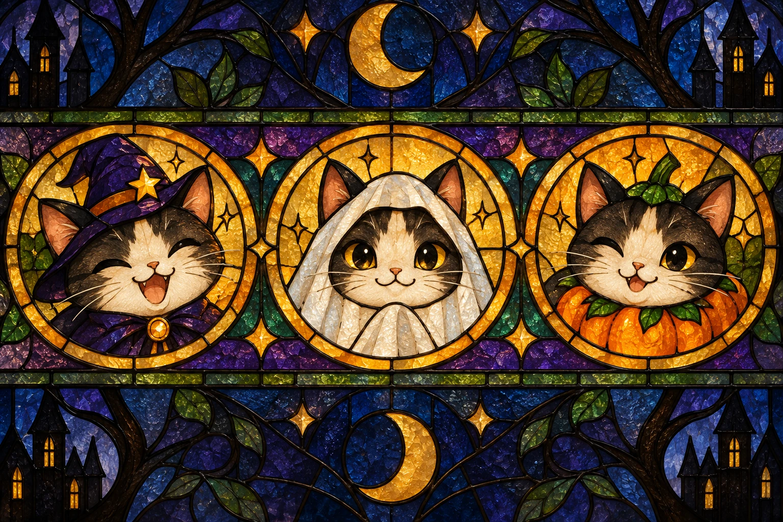 A stained-glass illustration of a mascot in Halloween costumes