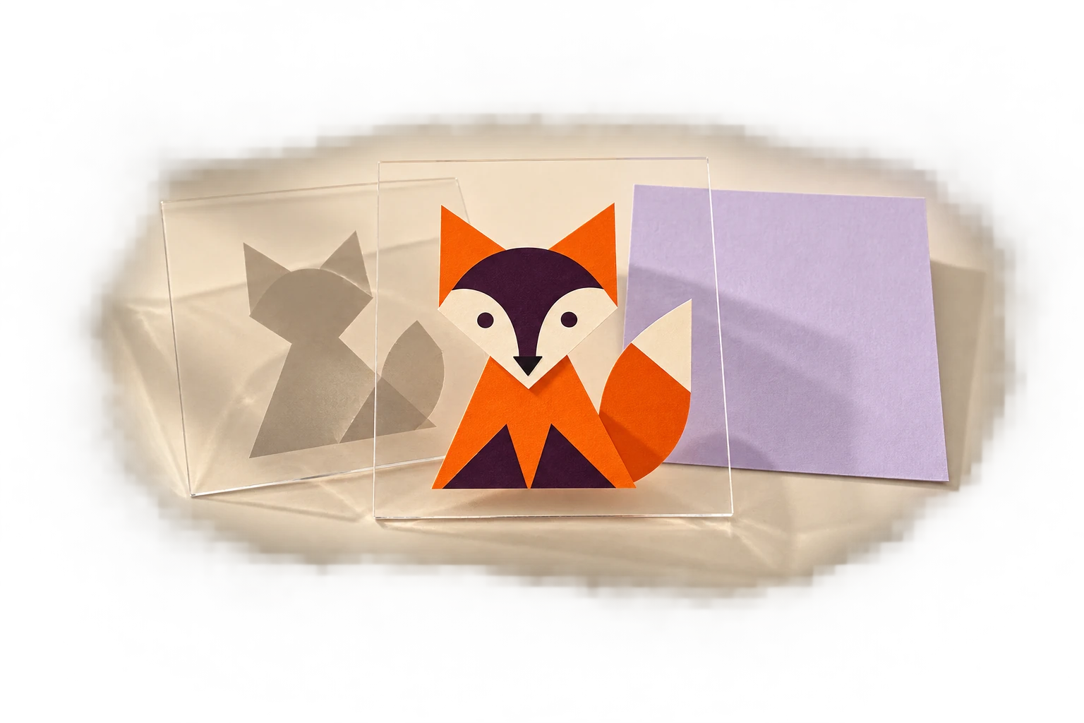 A layered acetate collage separating a mascot from a square background