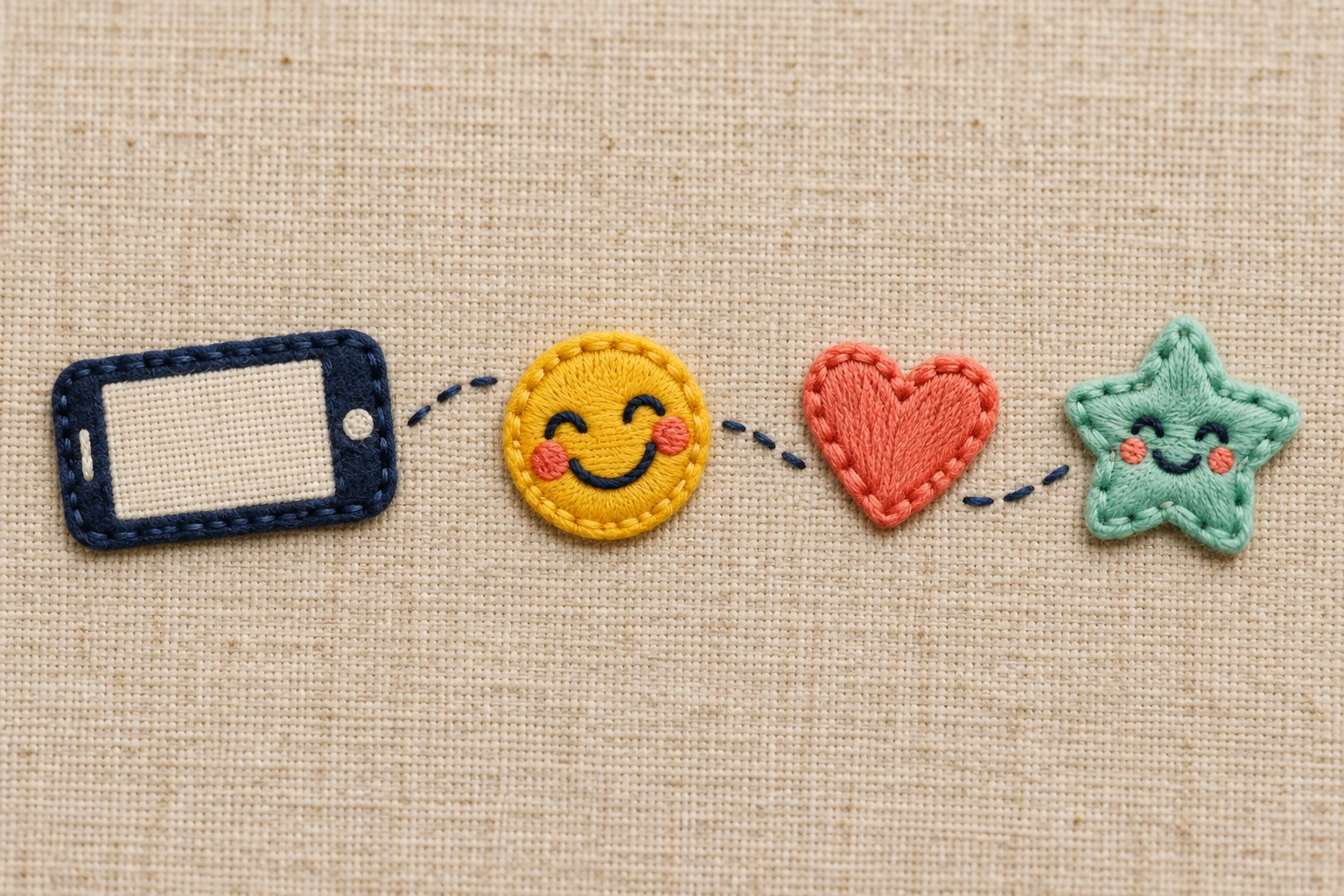 Embroidered emoji icons beside a fabric phone