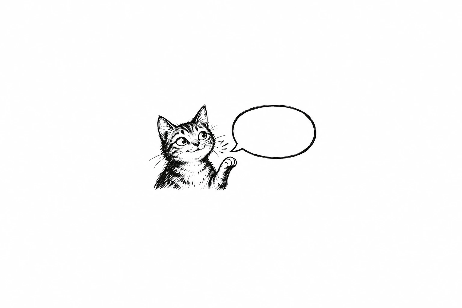 A black-and-white ink drawing of a cat with a speech bubble