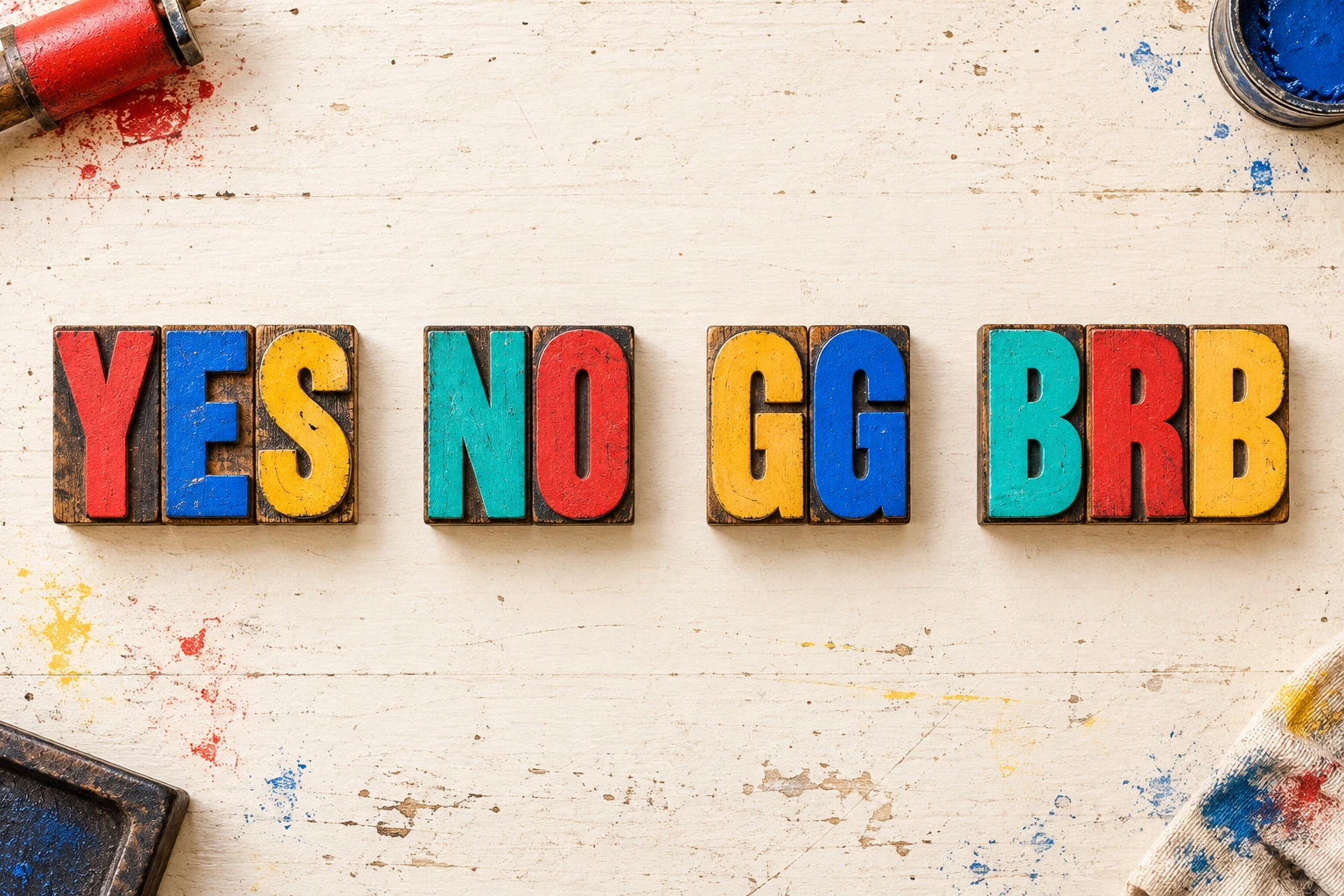 Colorful letterpress blocks with short reaction words