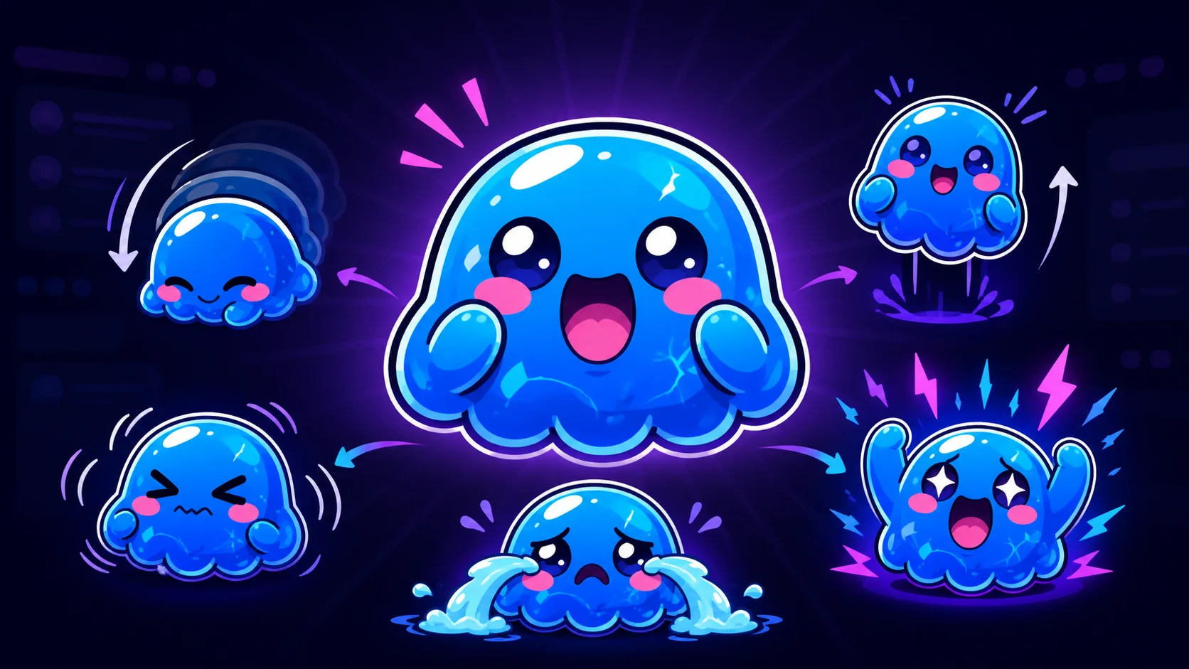 Original streamer emote moving through nod, bounce, shake, cry, and hype poses