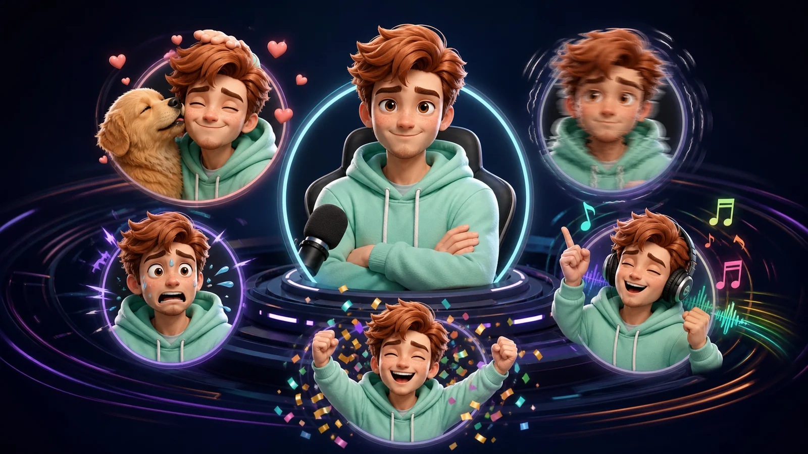 One original streamer portrait shown with pet, shake, jam, panic, and party effects