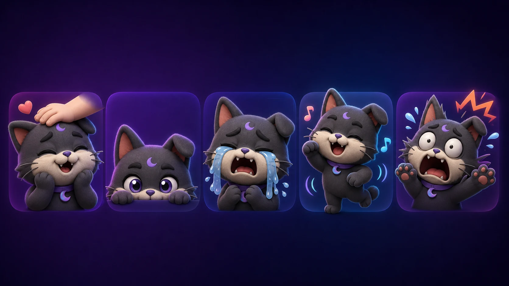 One original charcoal cat mascot showing pet, lurk, cry, jam, and panic reactions