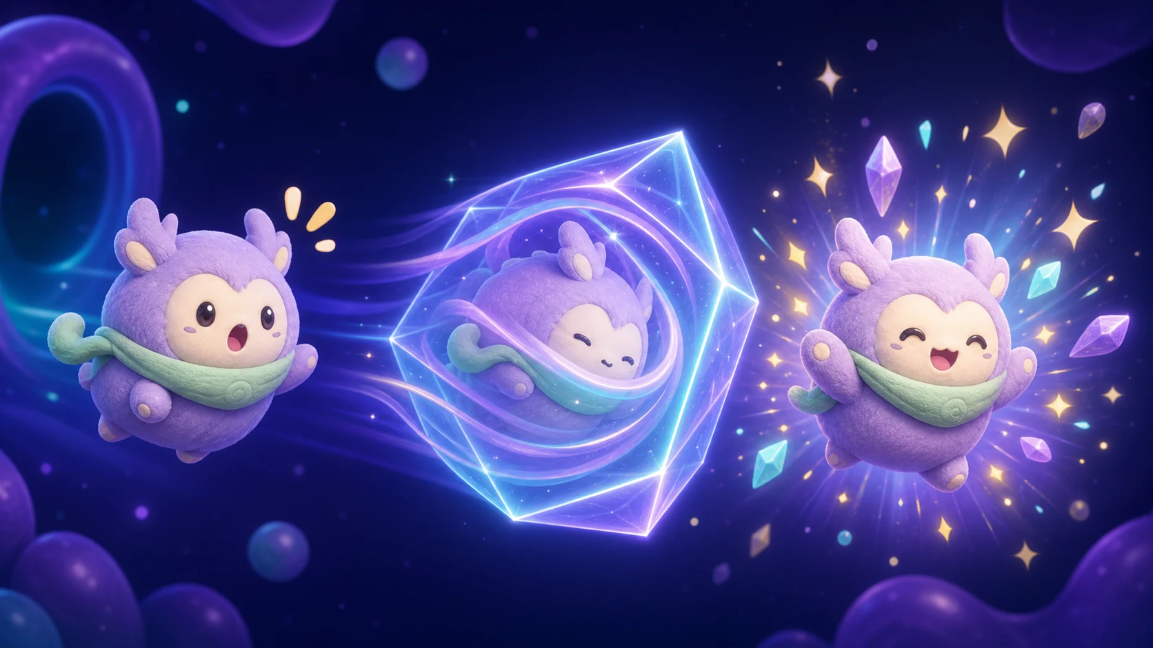 Original lavender mascot moving through an invented geometric capture sequence