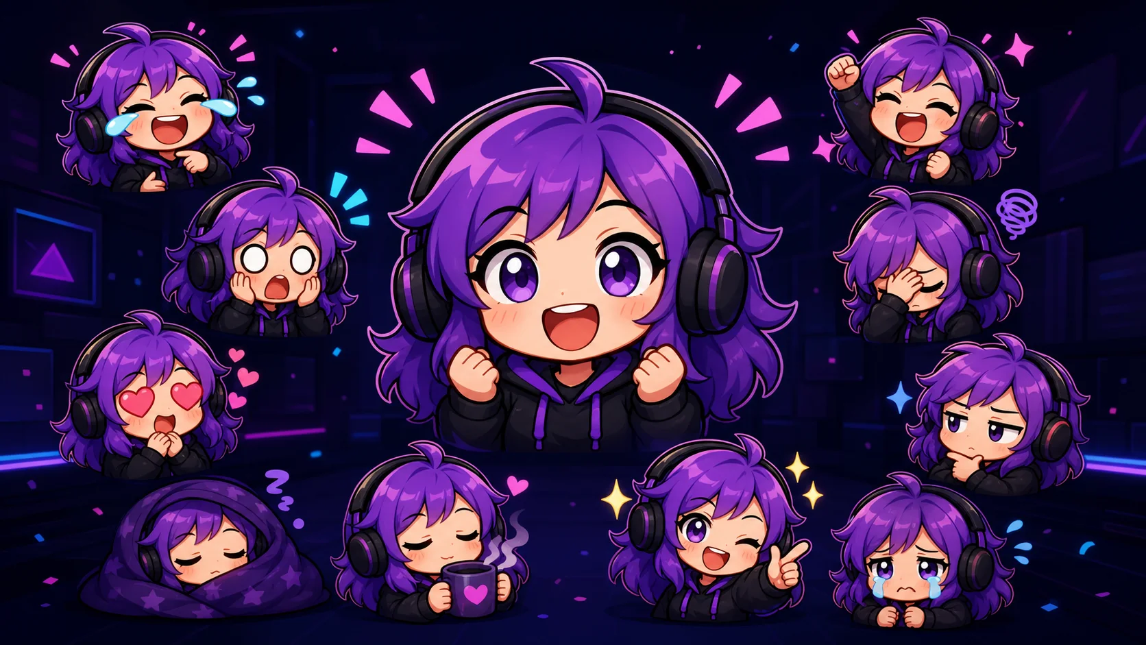 Original chibi streamer character demonstrating a range of chat reactions