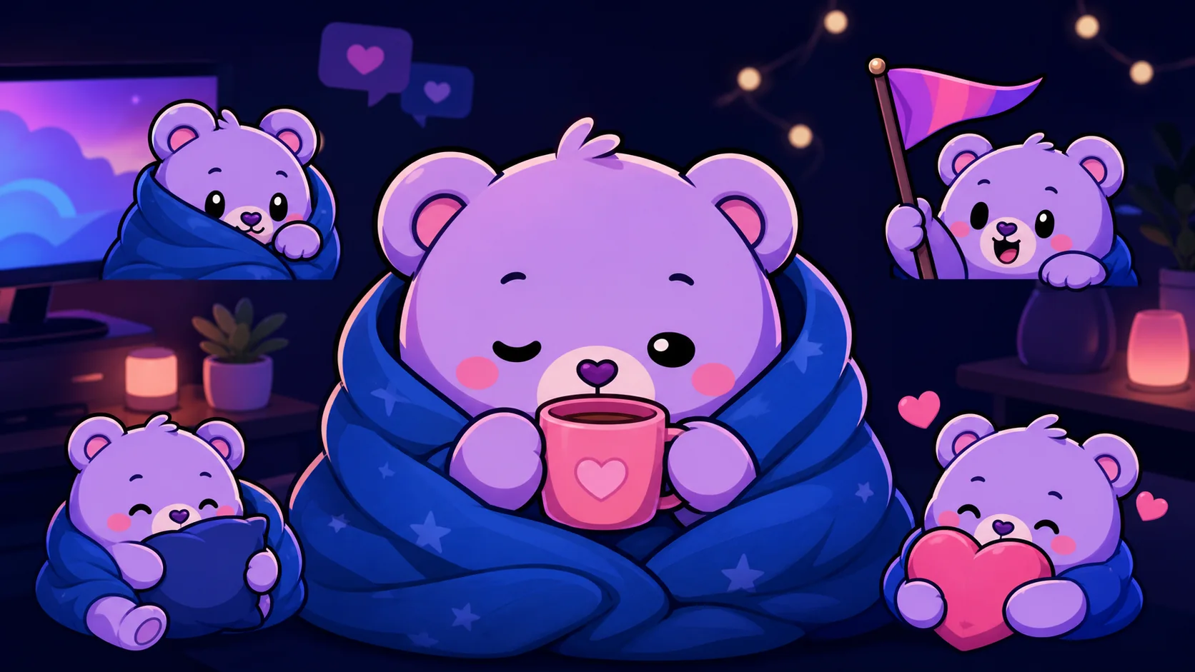 Original cozy streamer mascot with warm drink, blanket, hearts, and lurk reactions