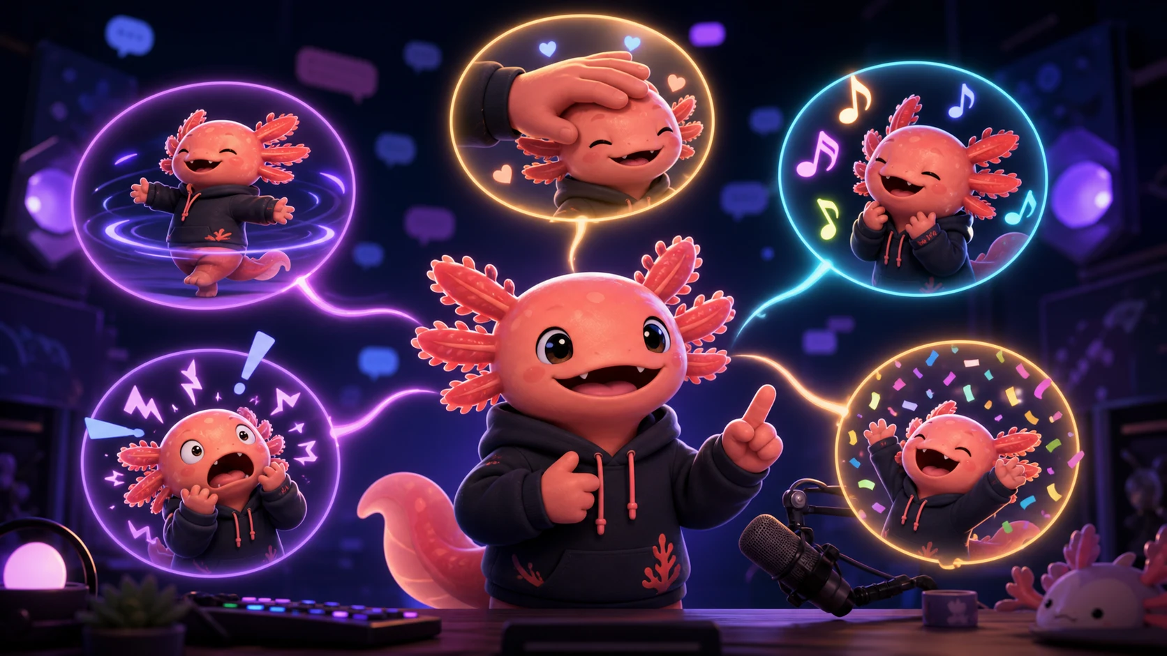Original streamer mascot surrounded by playful custom audience reward ideas