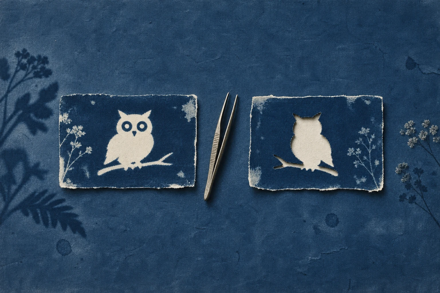 Cyanotype artwork showing a clear cutout in a blue image sheet