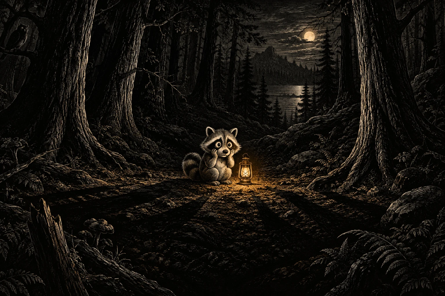 A scratchboard mascot holding a small lantern