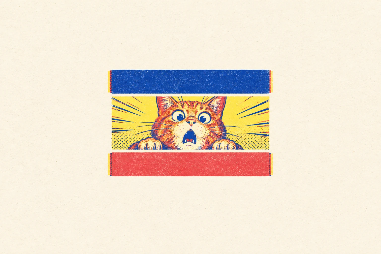 Risograph caption blocks around a comic portrait