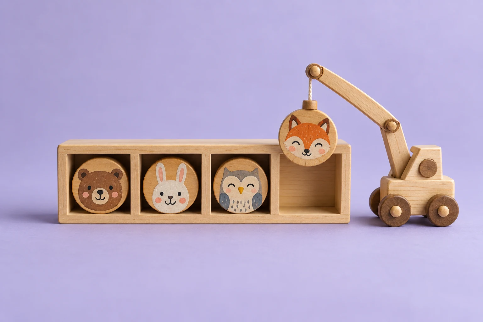 A wooden toy cabinet with an emoji face moved into an open slot