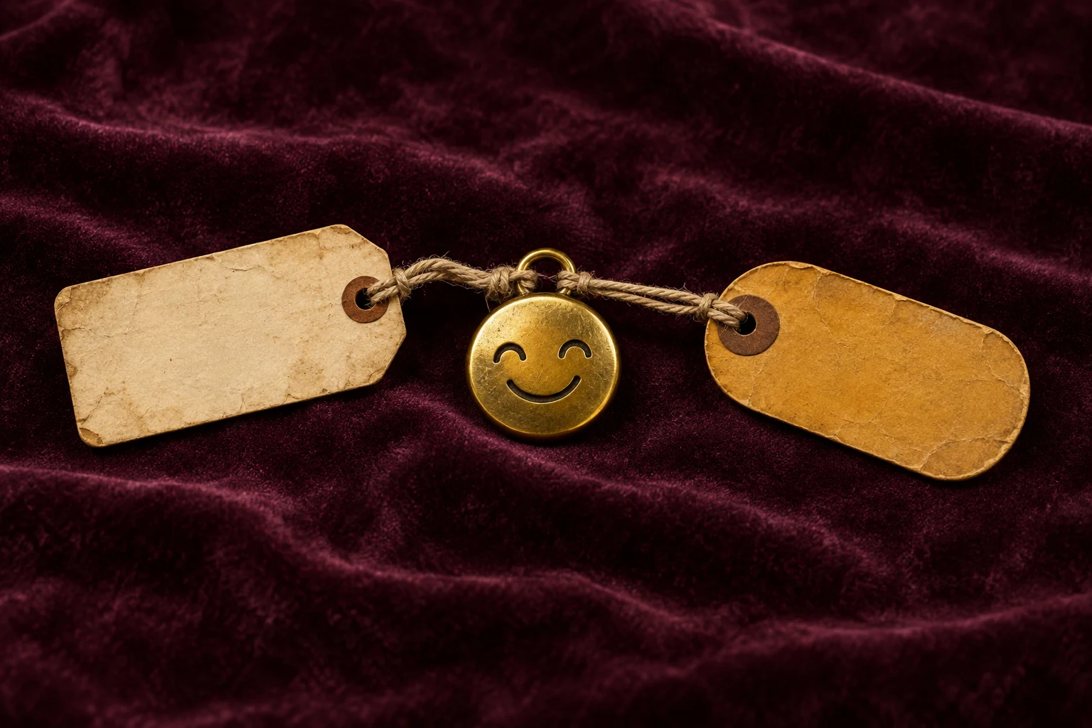 Two vintage luggage labels tied to one smiling token