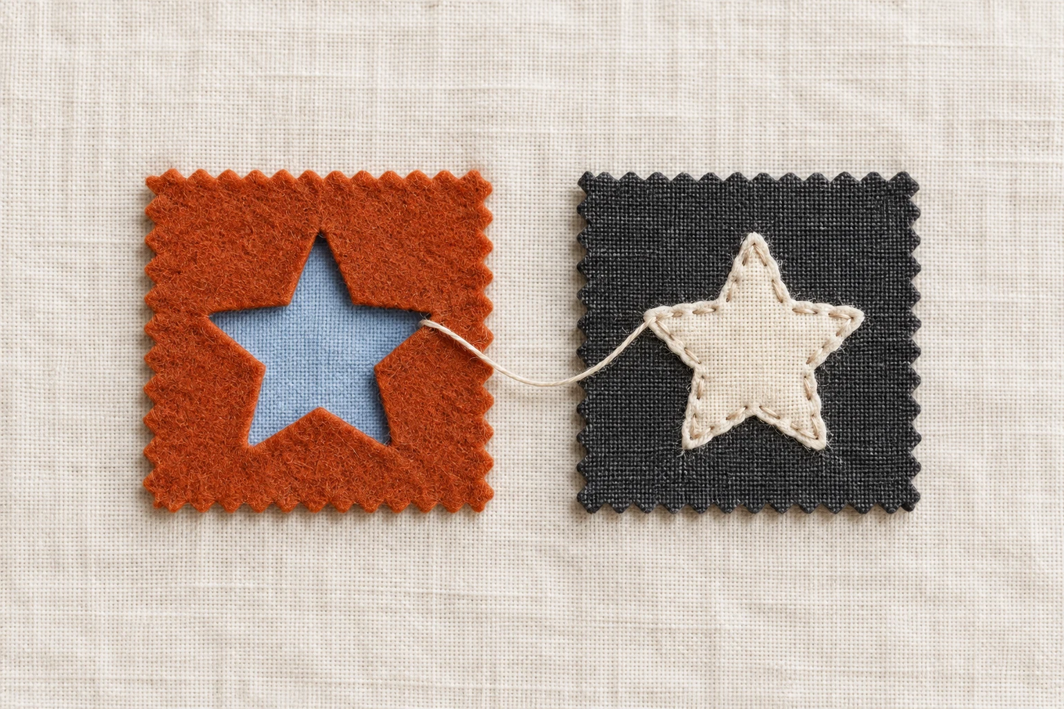 Cut fabric showing a clear-shaped opening over two solid cloth colors