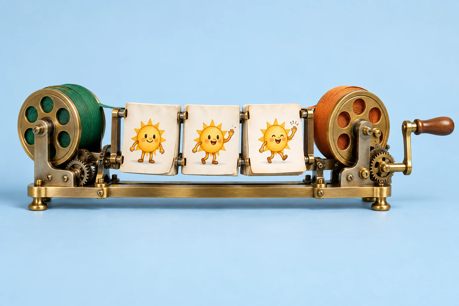 Mechanical flipbook carrying a moving face between two colored reels