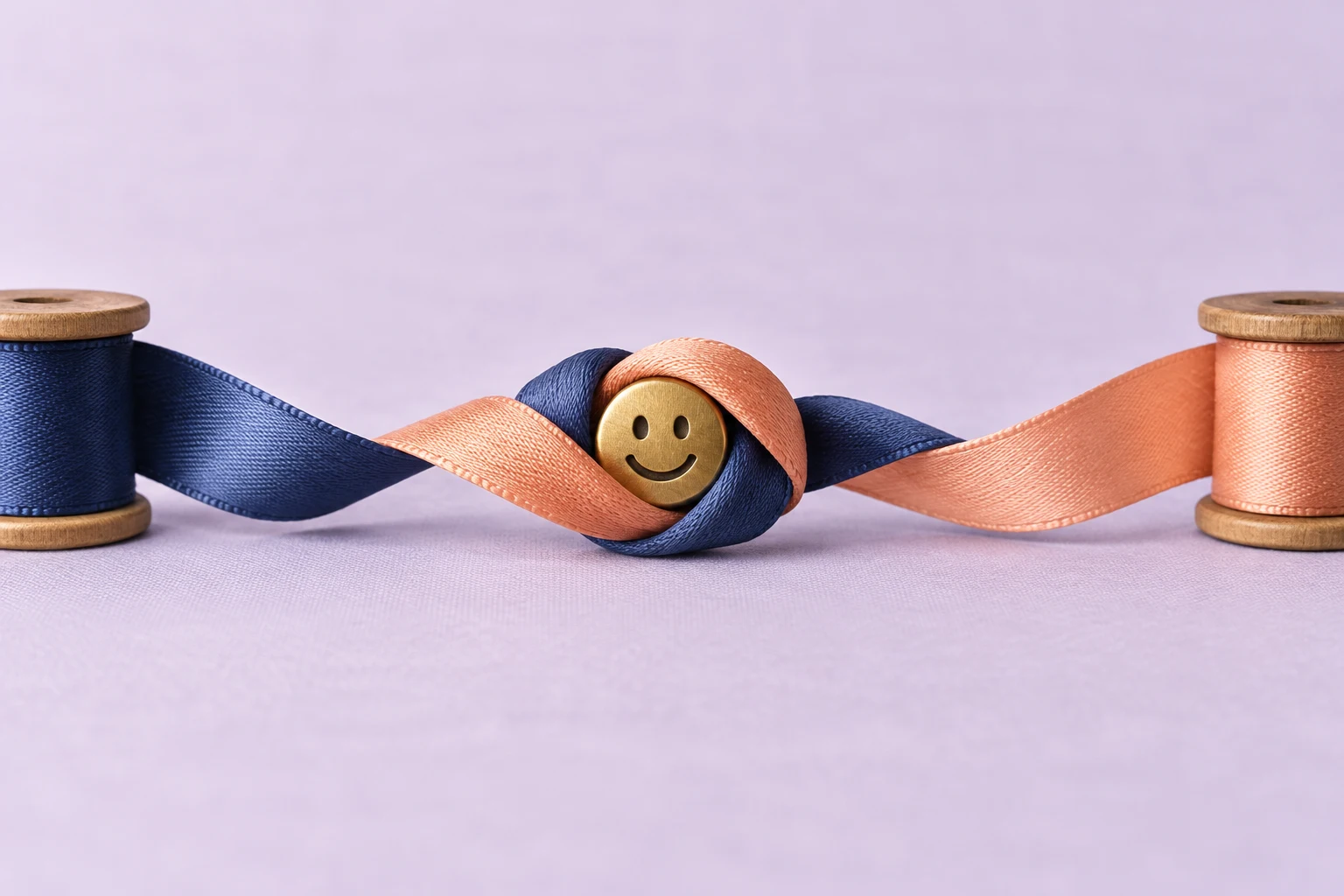 Two woven ribbon colors joined around one shared friendly face