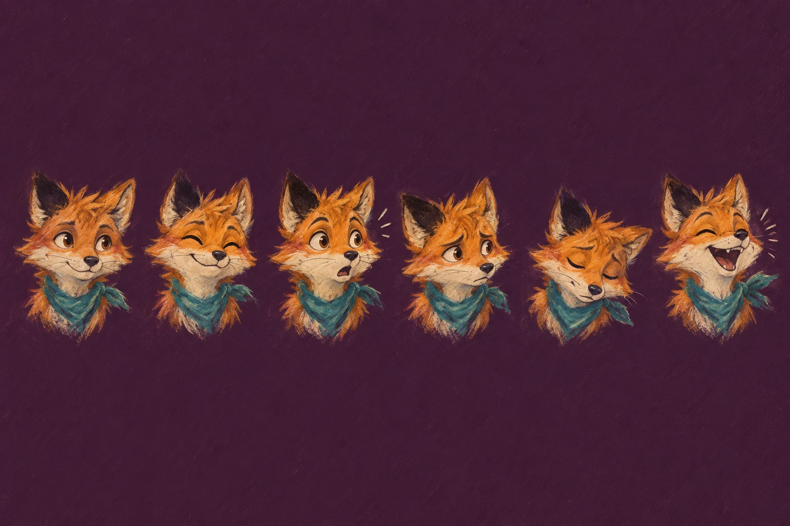 Oil-pastel studies of one character with six expressions
