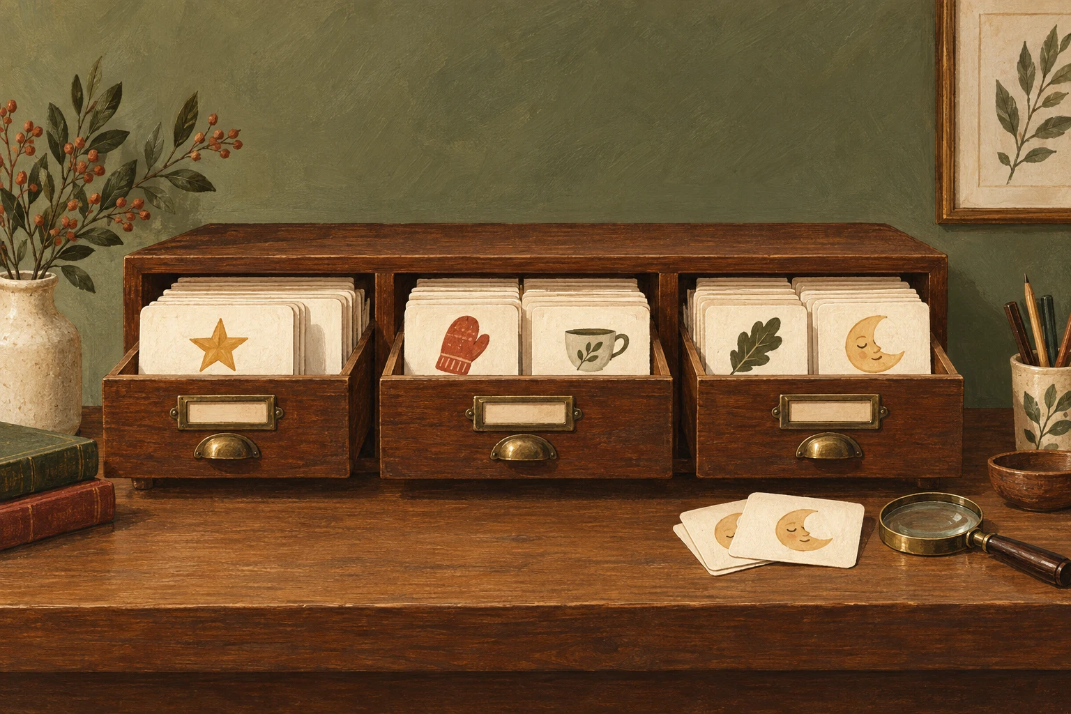 Emoji cards arranged in a library catalogue drawer