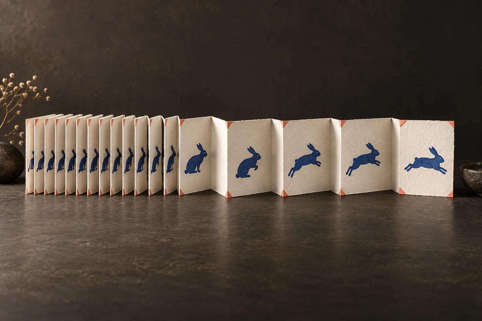 An accordion book of animation frames folds into a shorter row