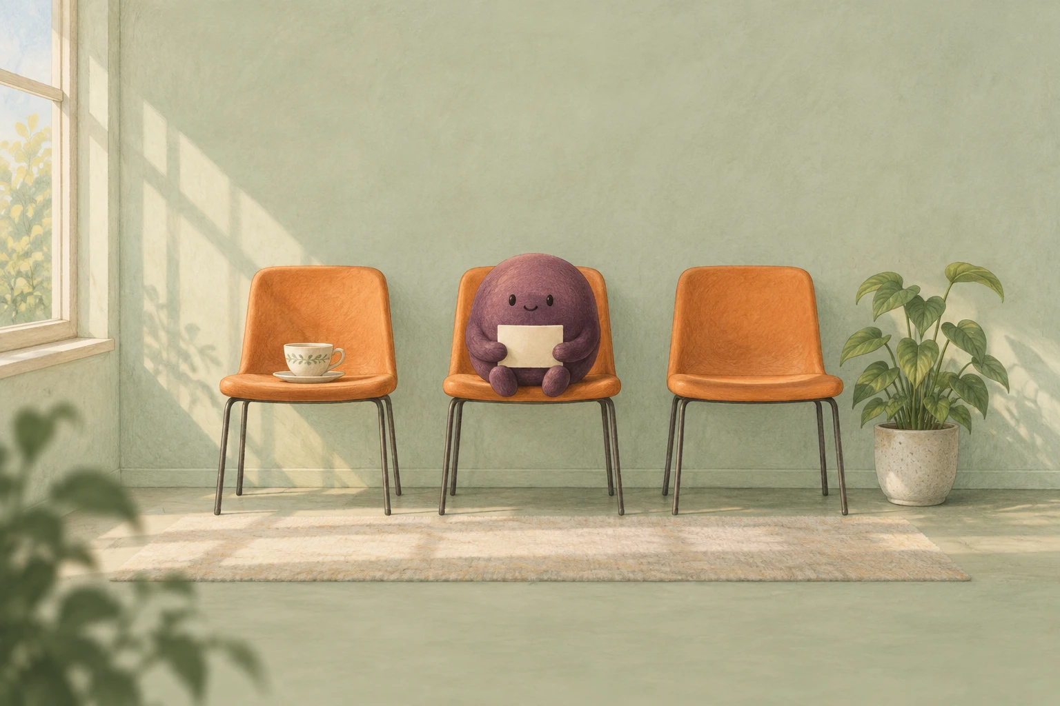 An emoji sits in a quiet waiting room holding a queue card