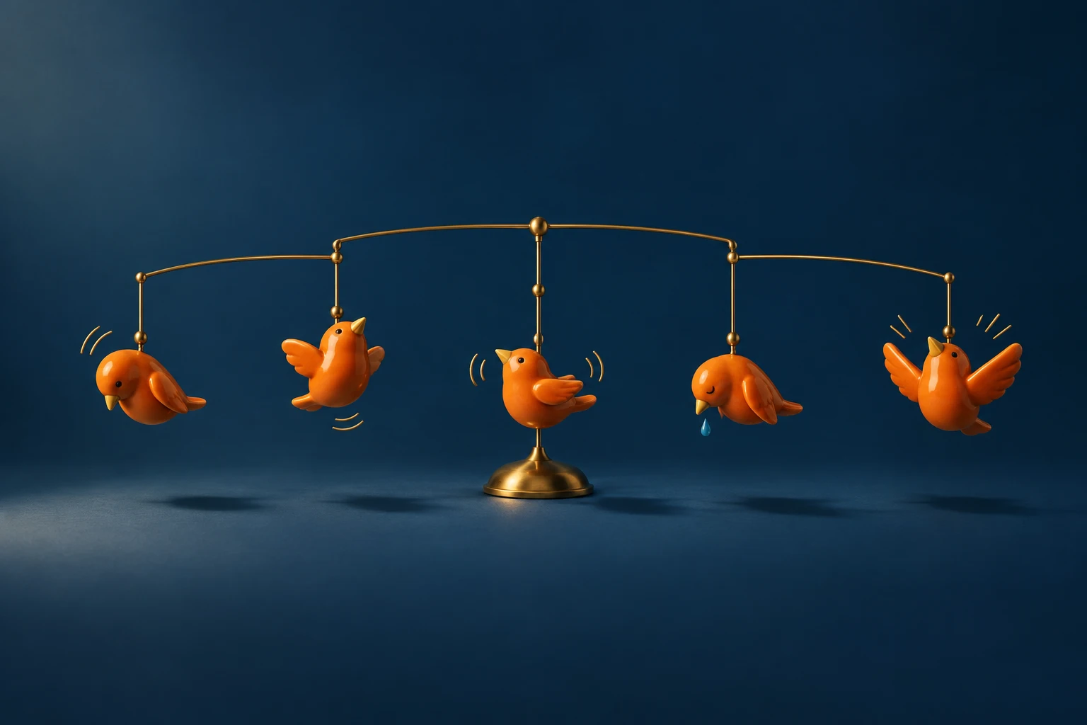 Five hanging kinetic sculptures show five different movements