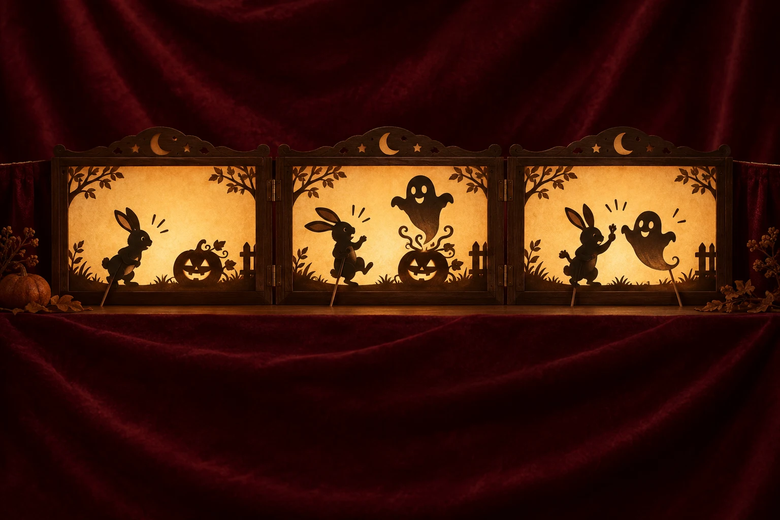 Three shadow-puppet scenes tell a simple story