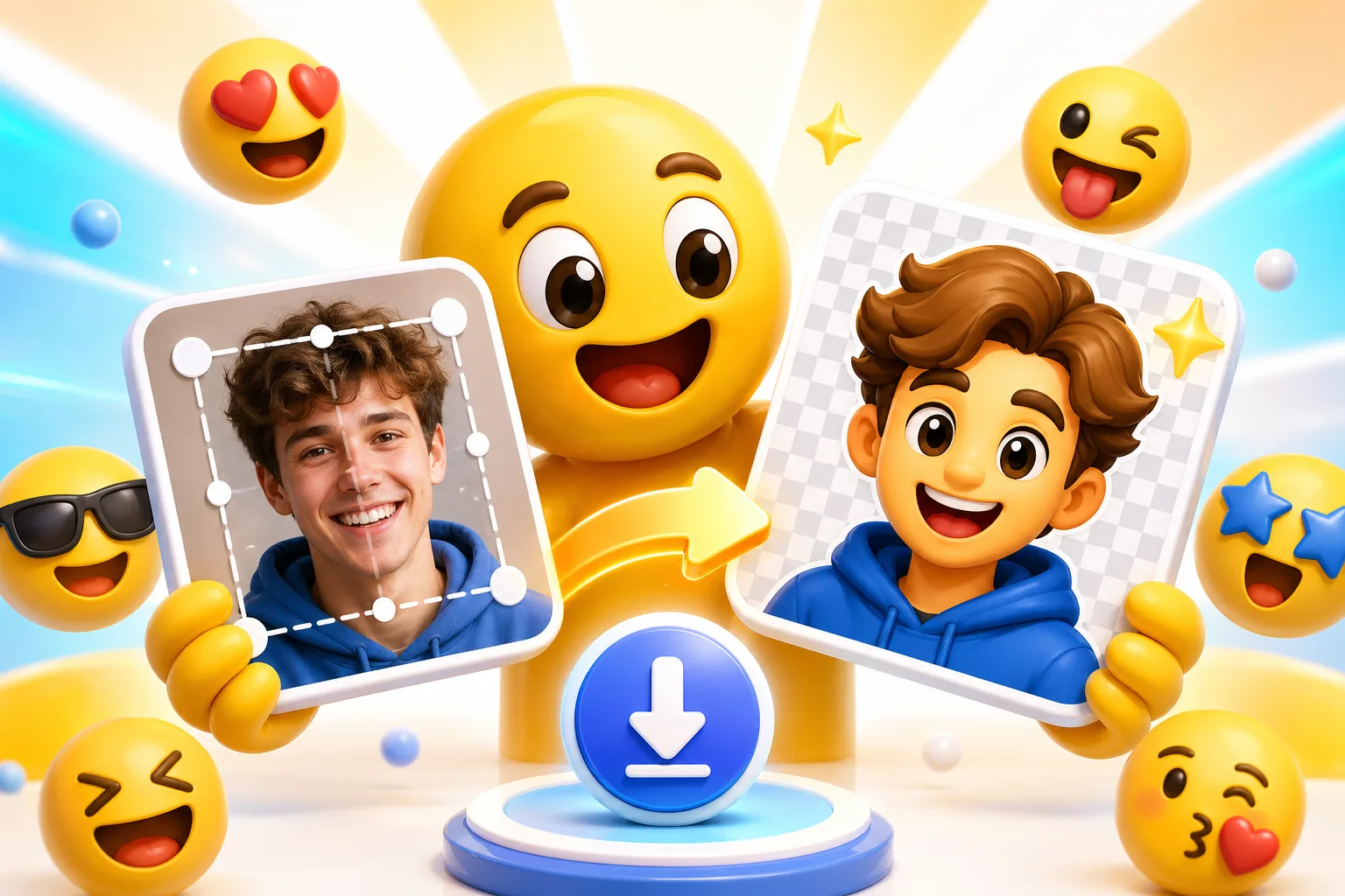 Custom emoji maker guide showing a image you upload becoming an emoji