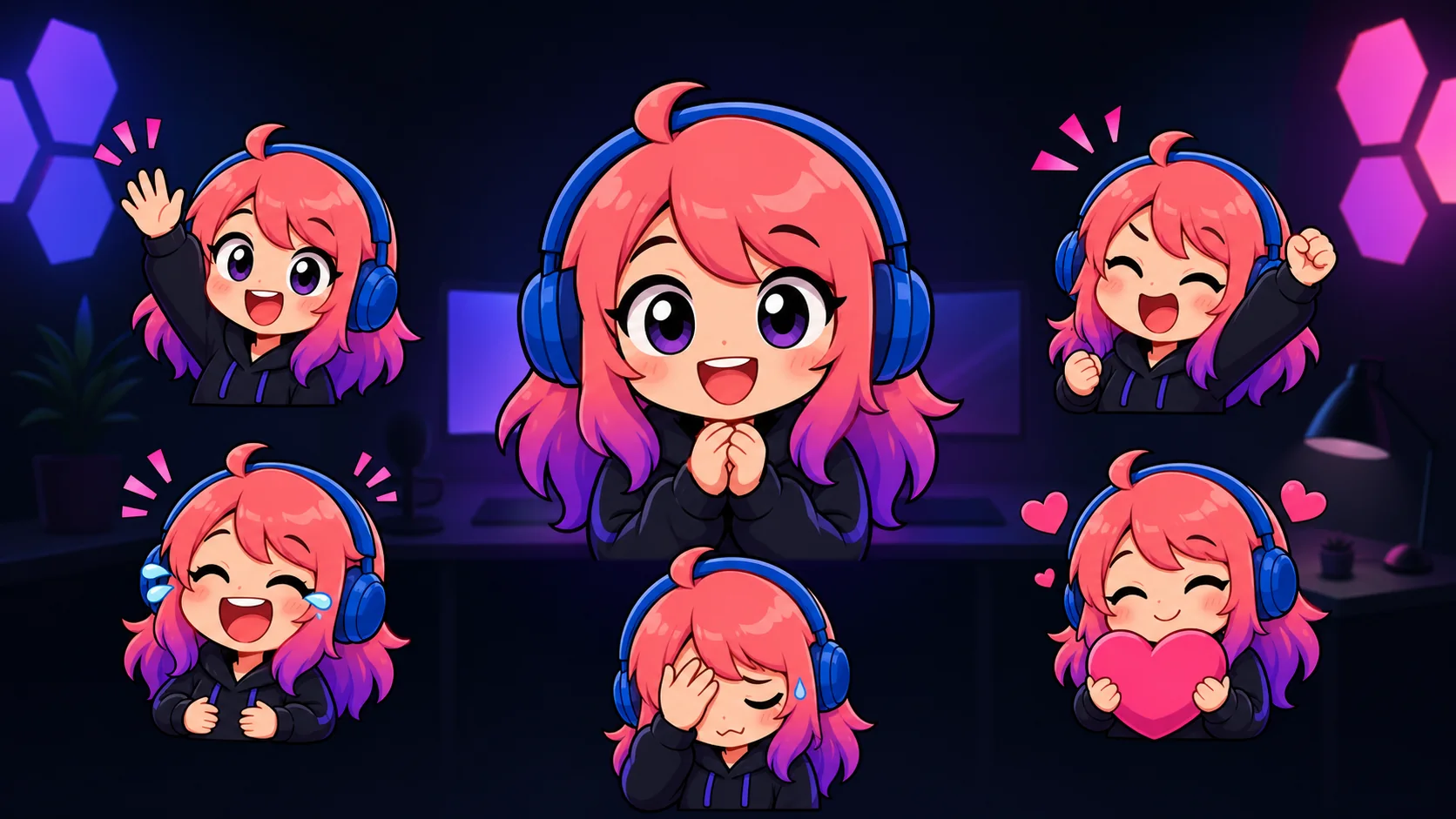 Five original starter Twitch emotes for a new channel