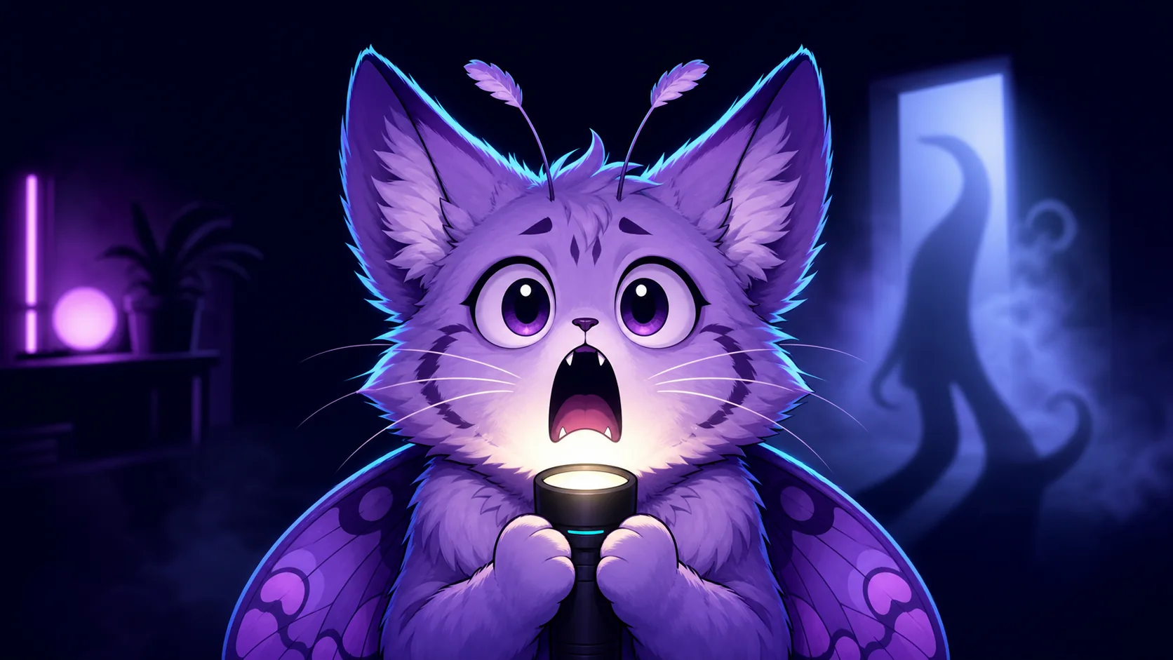 Original horror streamer mascot showing safe comic fear and jumpscare reactions