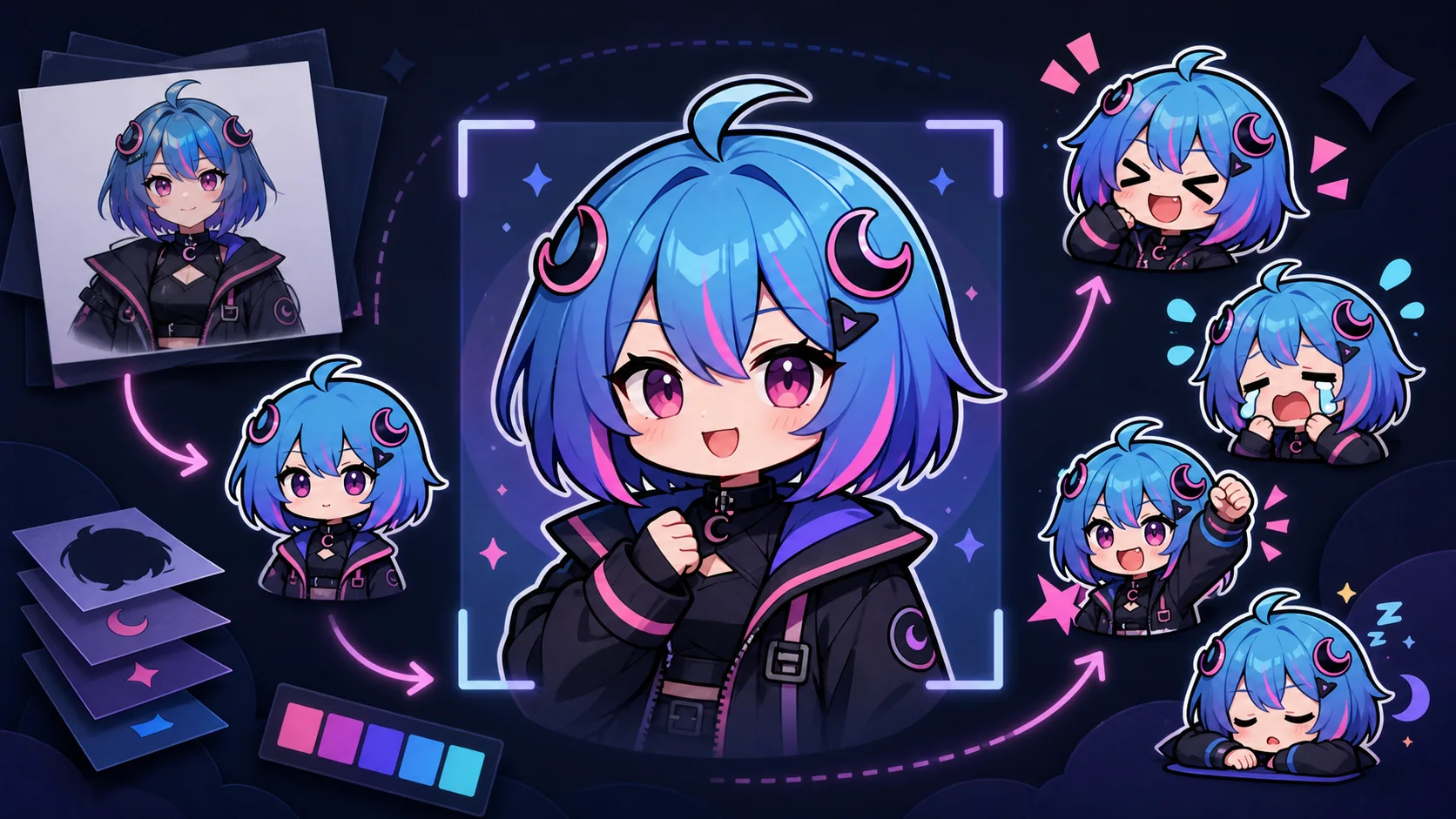 Original virtual streamer avatar simplified into a chibi emote pack
