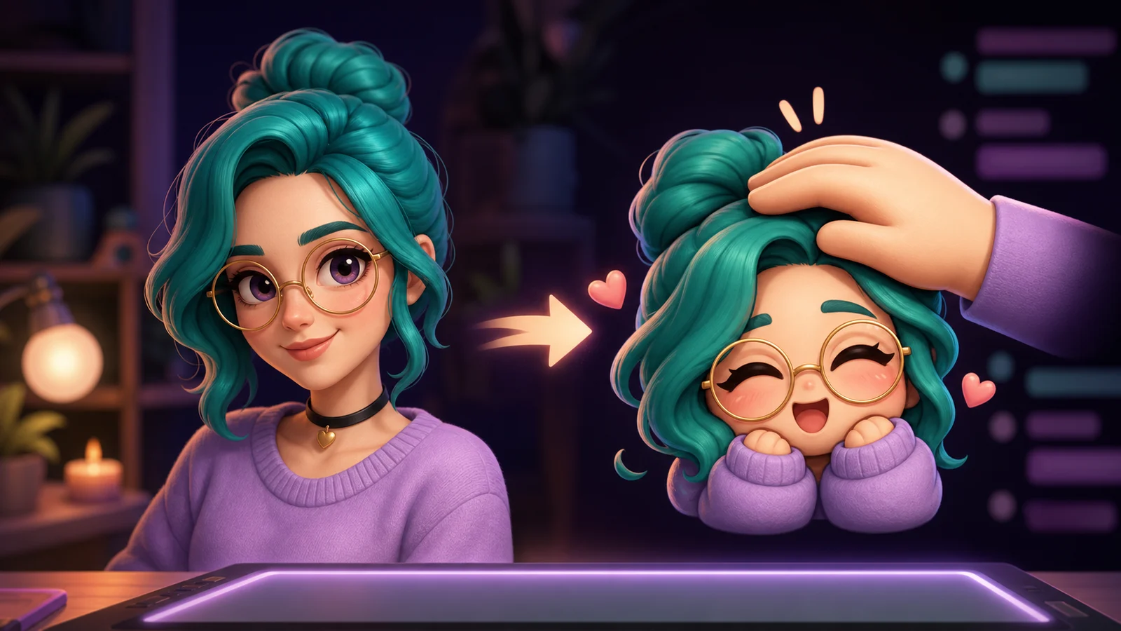 Original streamer portrait becoming a friendly pet-the-streamer reaction emote