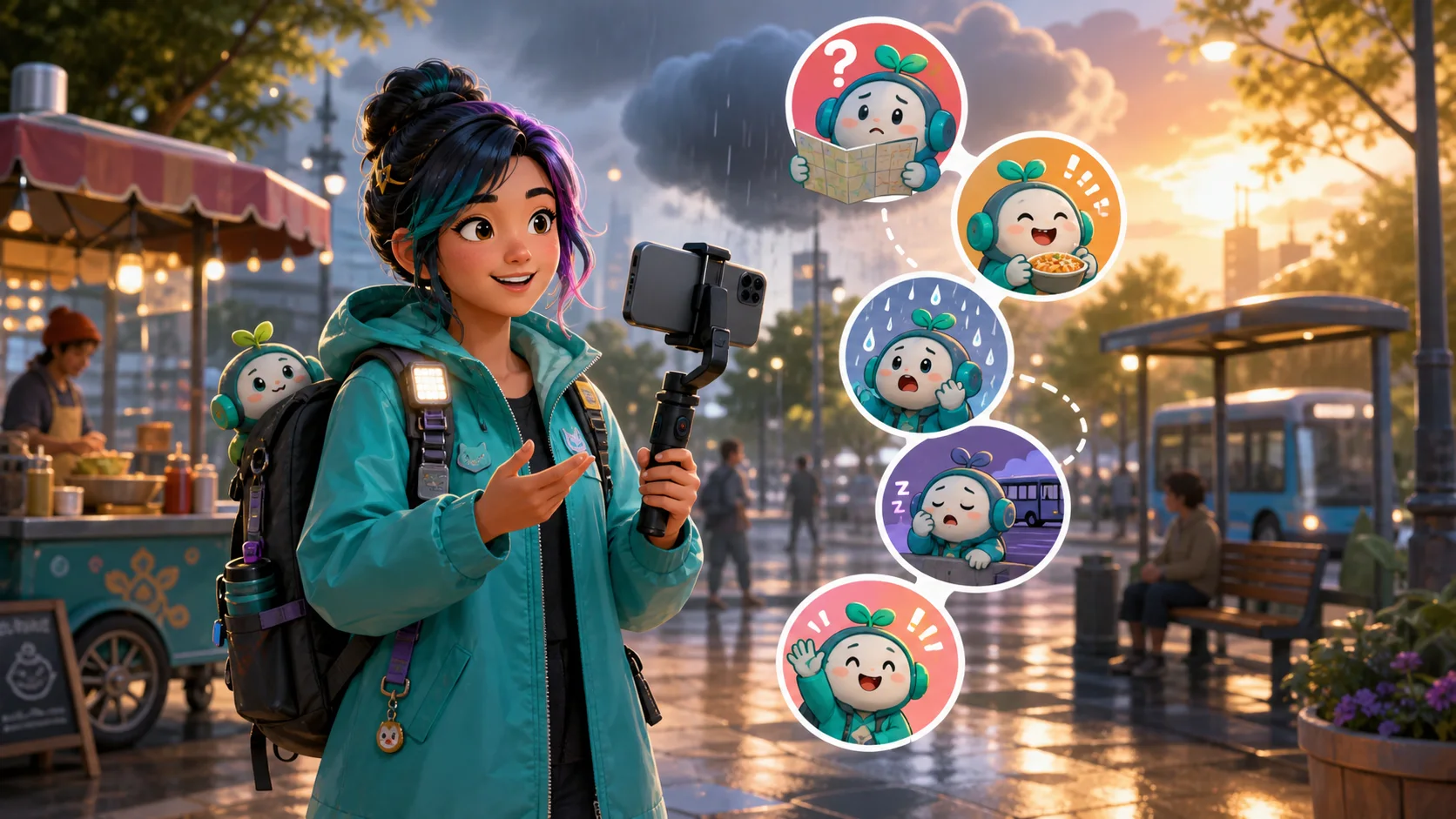 Original mobile streamer mascot with lost, food, weather, transit, and return reactions