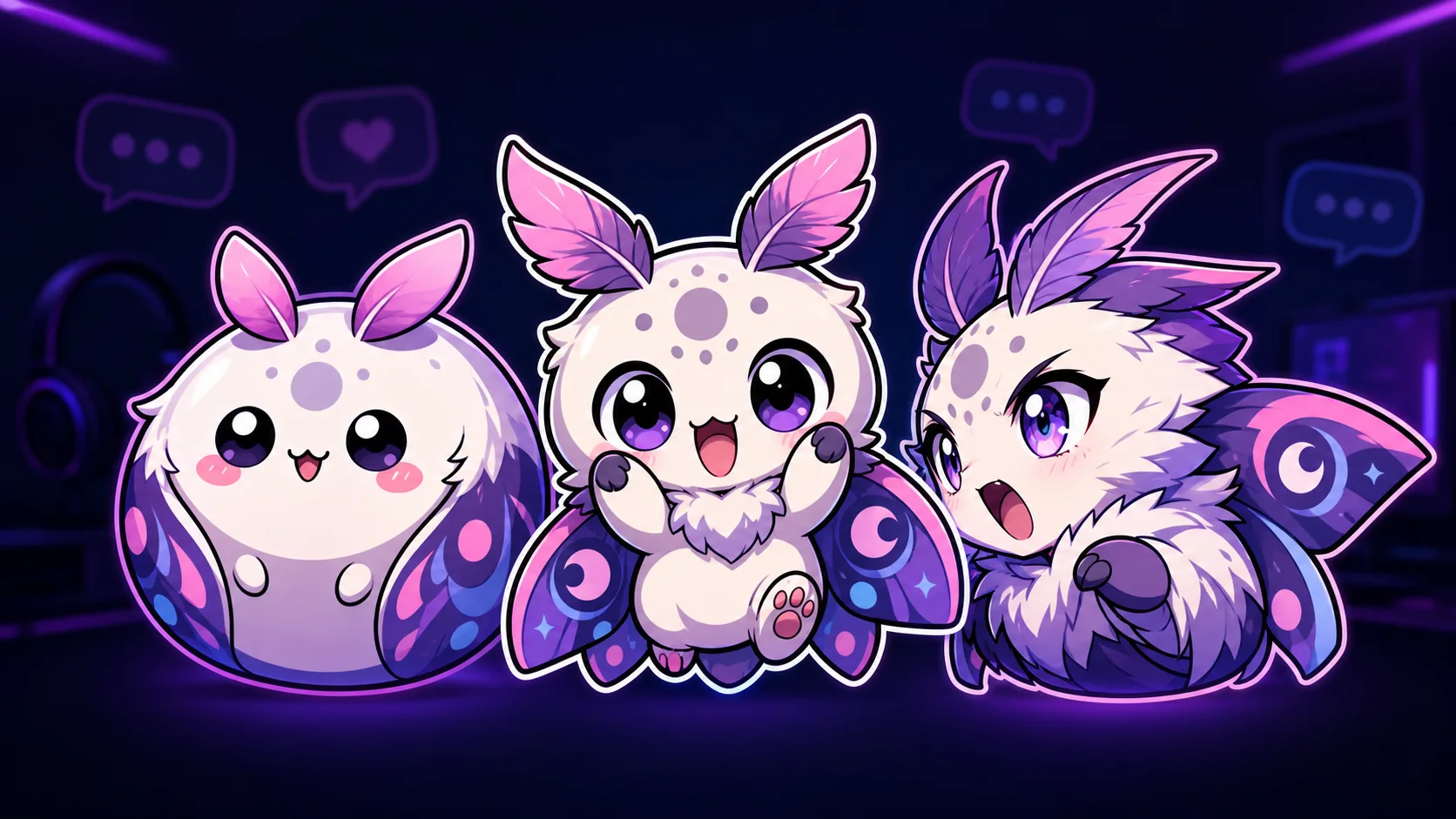 Three original streamer emotes showing kawaii, chibi, and anime-inspired styling