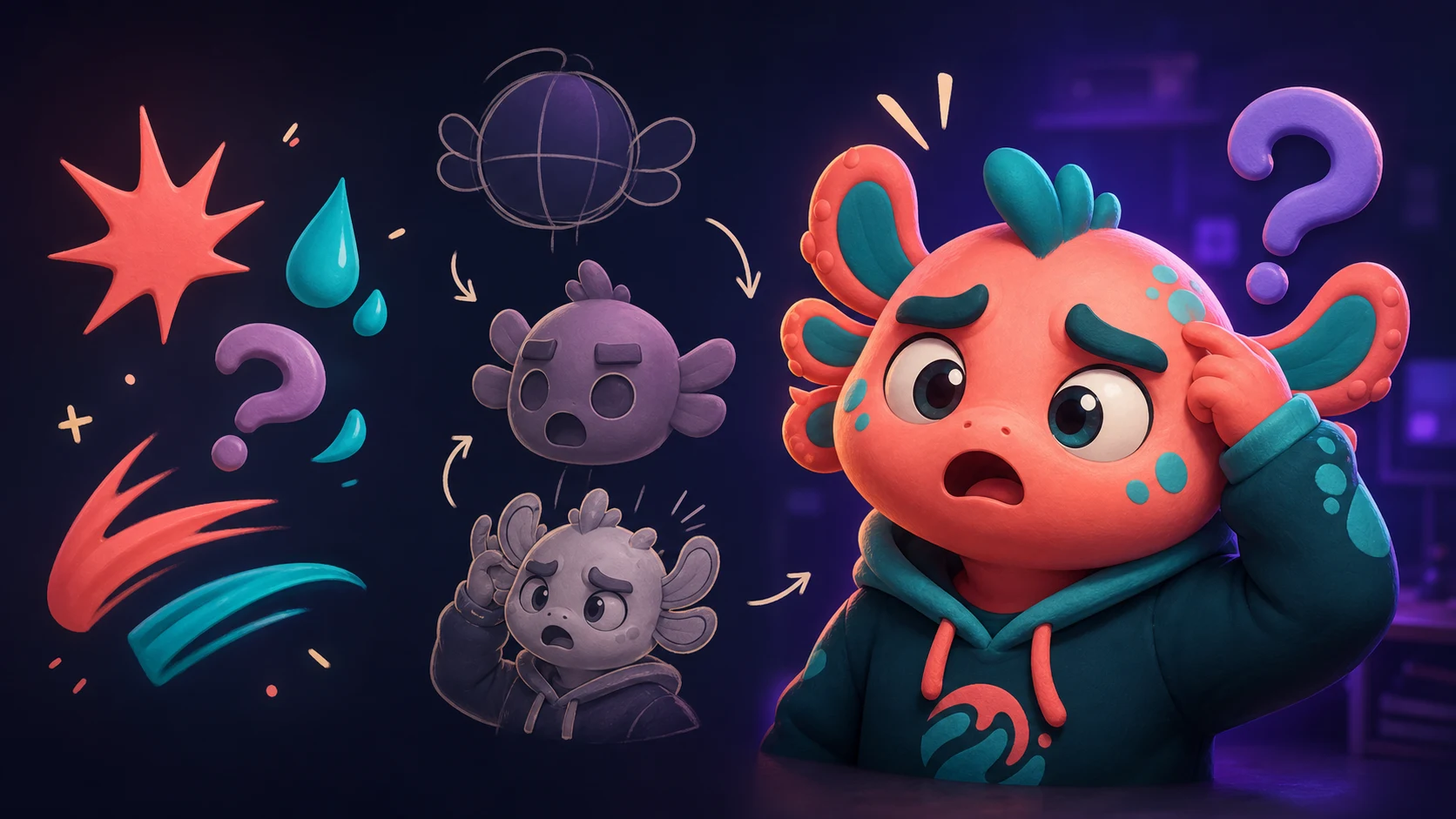 Original mascot developing a new reaction from generic timing, pose, and emotion ingredients