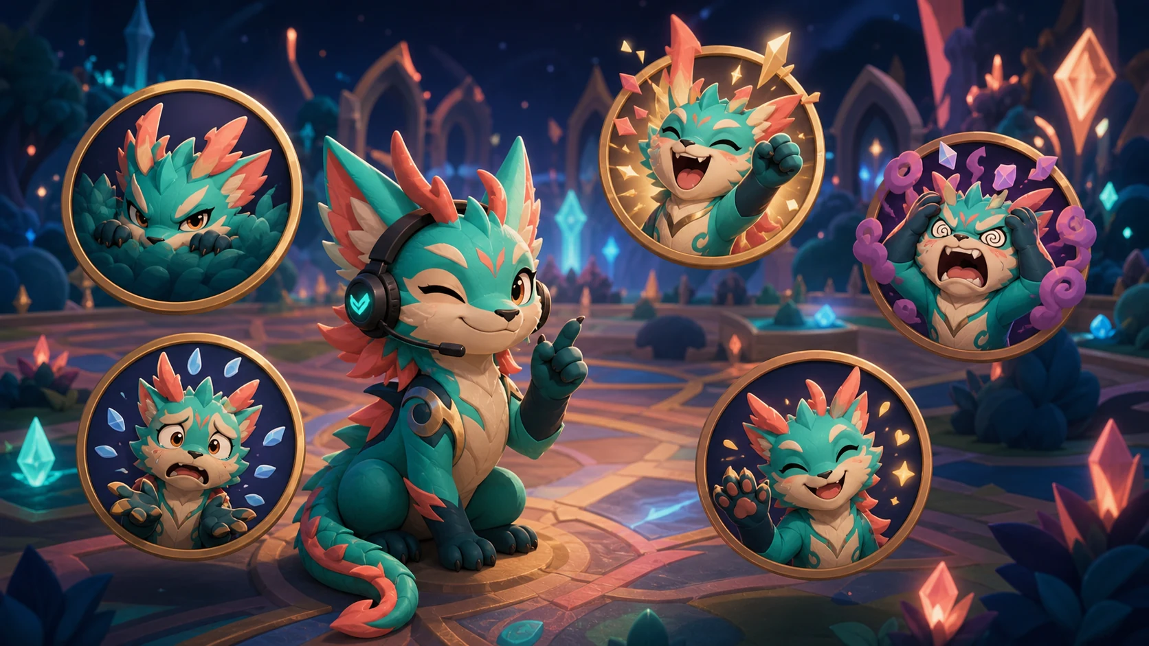 Original competitive streamer mascot showing gank, carry, tilt, throw, and GG reactions