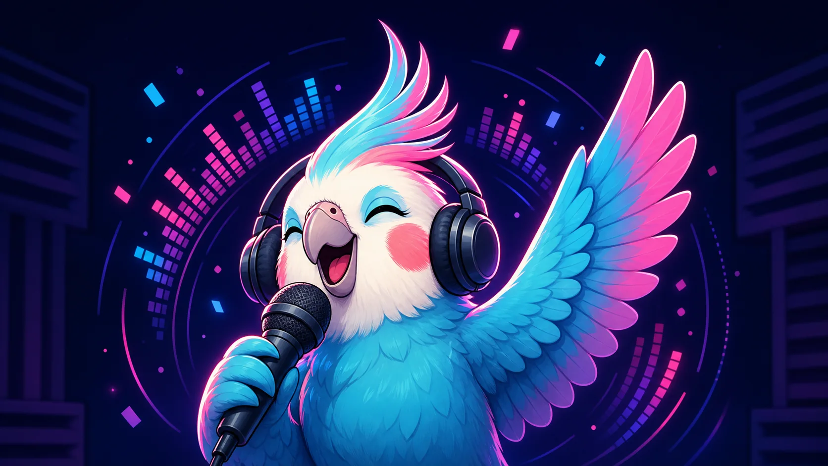 Original music streamer mascot showing jam, encore, hype, and relaxed vibe reactions