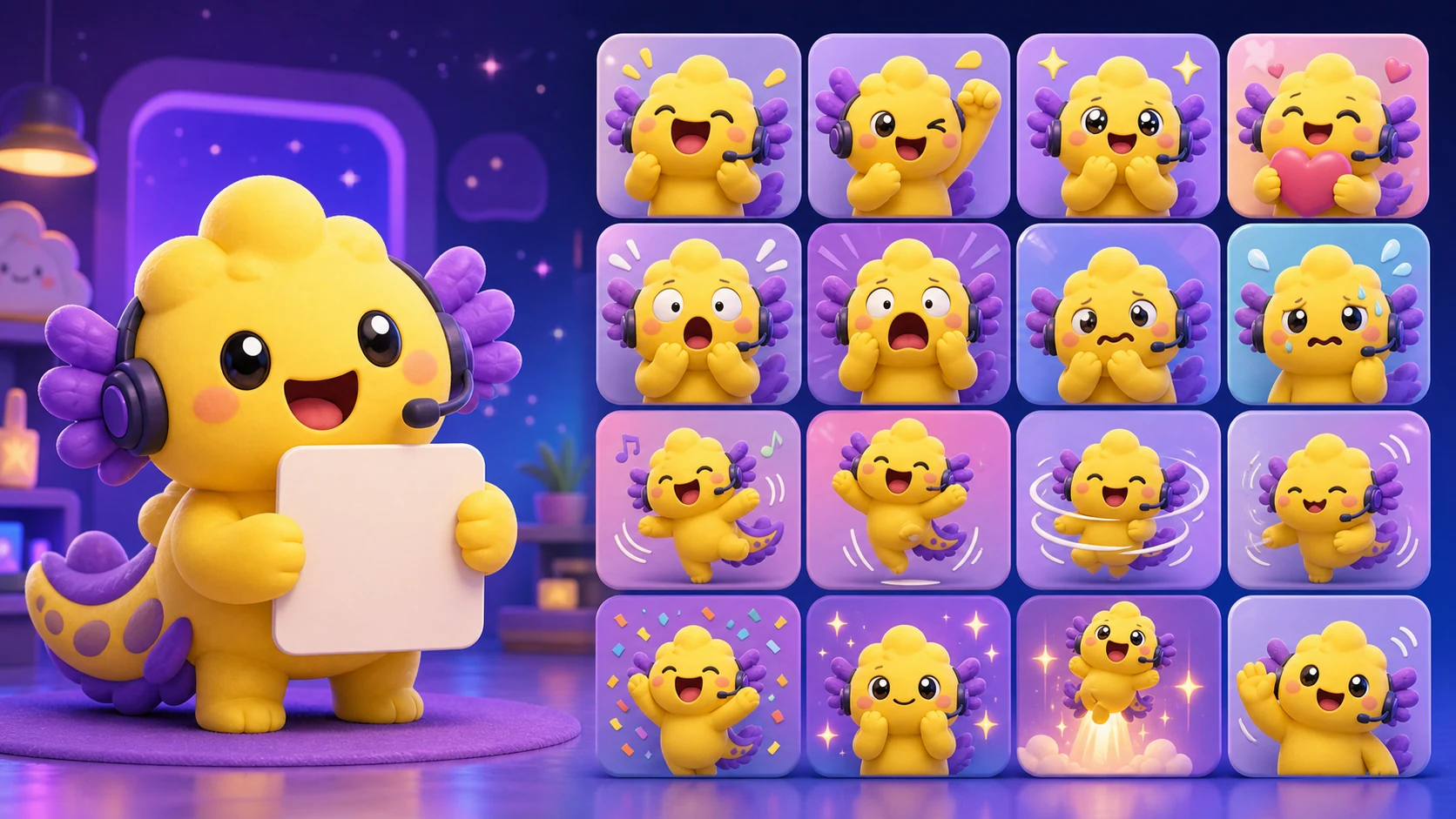 One original stream mascot expanding into a coordinated grid of sixteen reactions