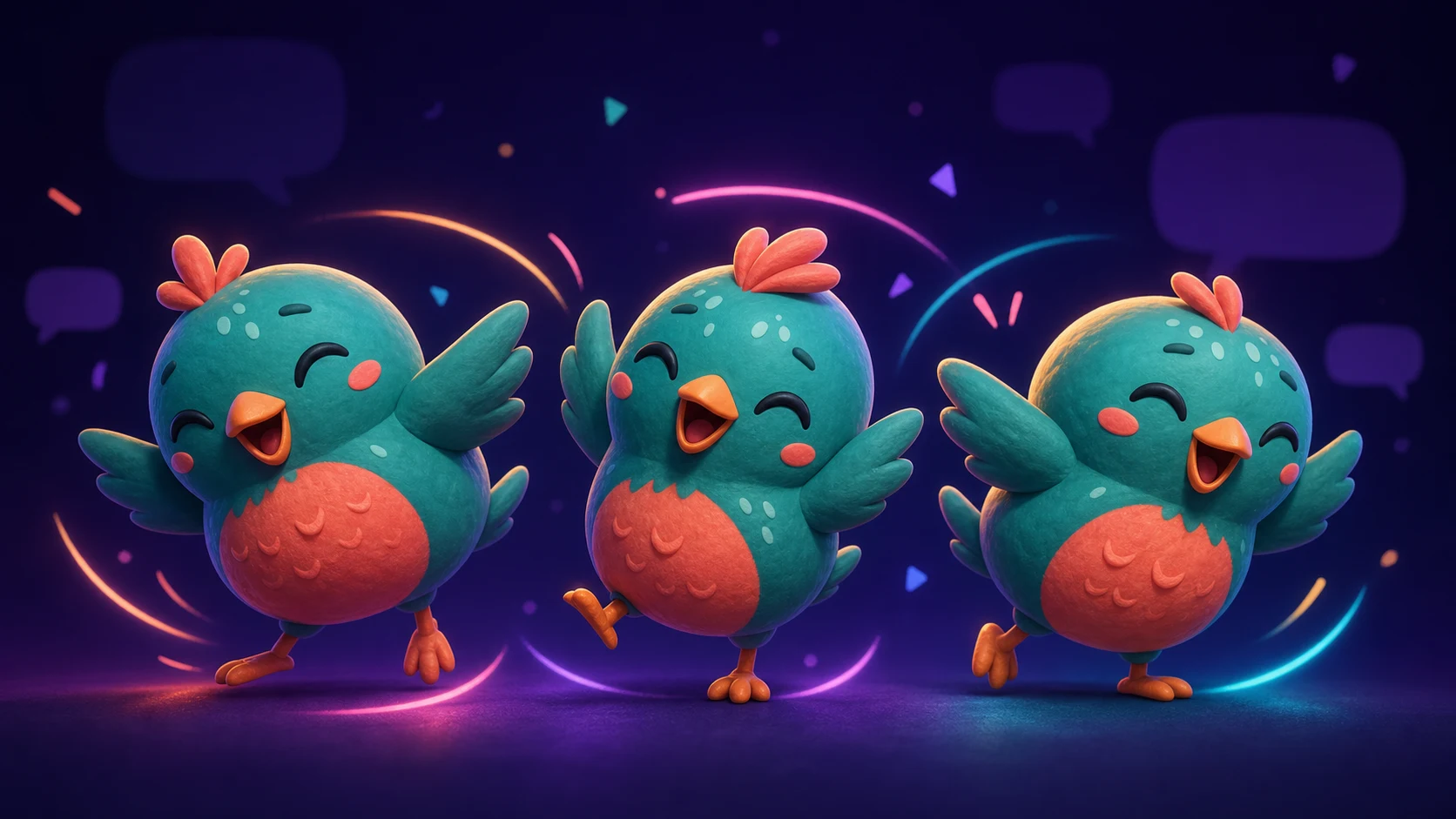 Original round bird mascot moving through a joyful three-pose dance sequence