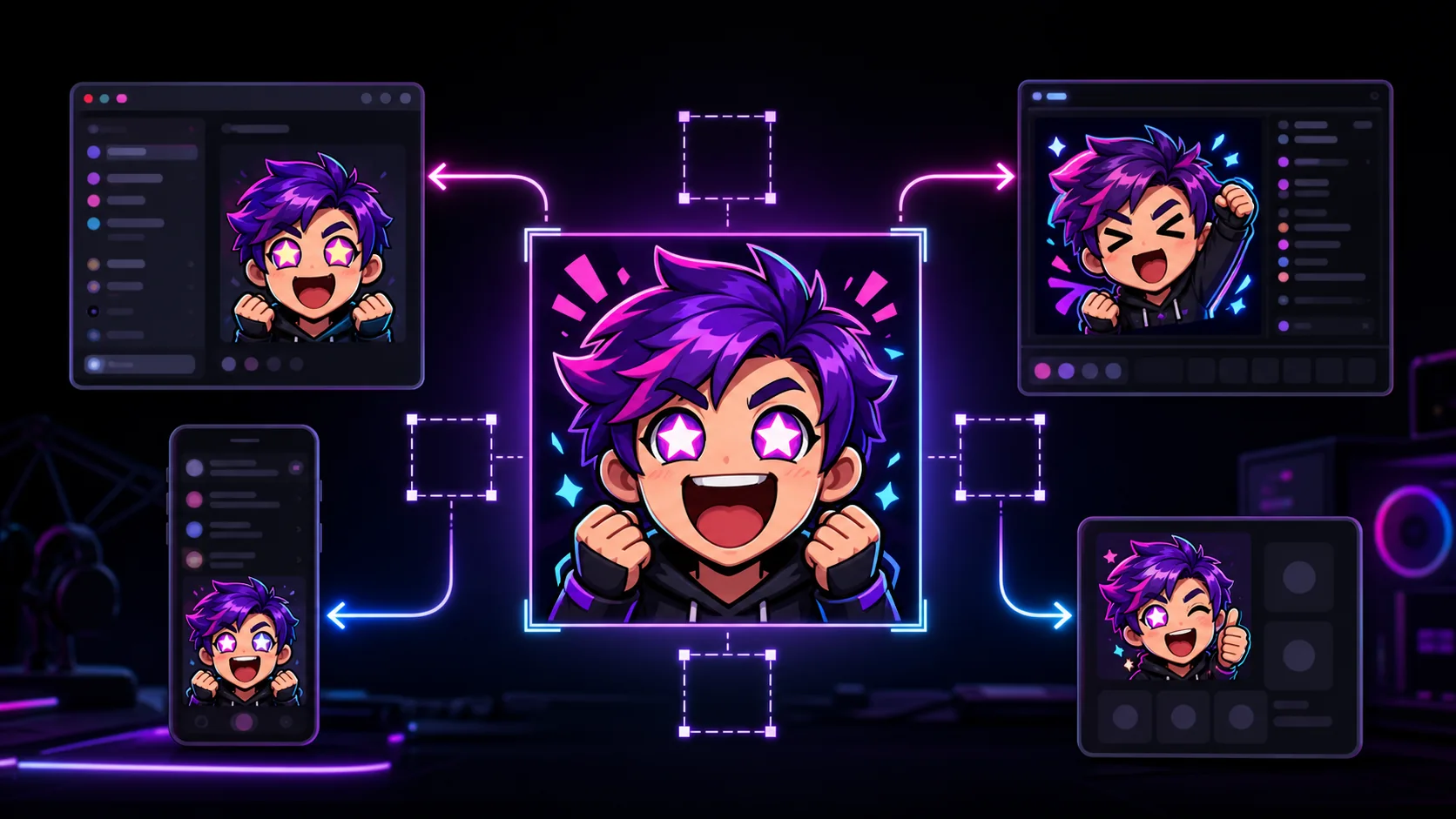 One original streamer emote pack branching into four platform-ready variants