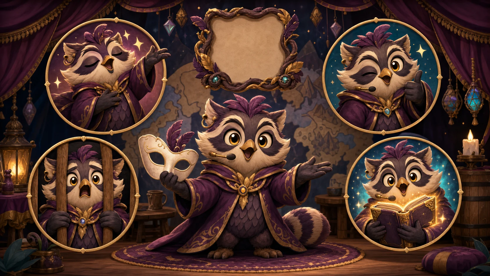 Original roleplay streamer mascot showing in-character, out-of-character, wanted, arrested, and lore reactions