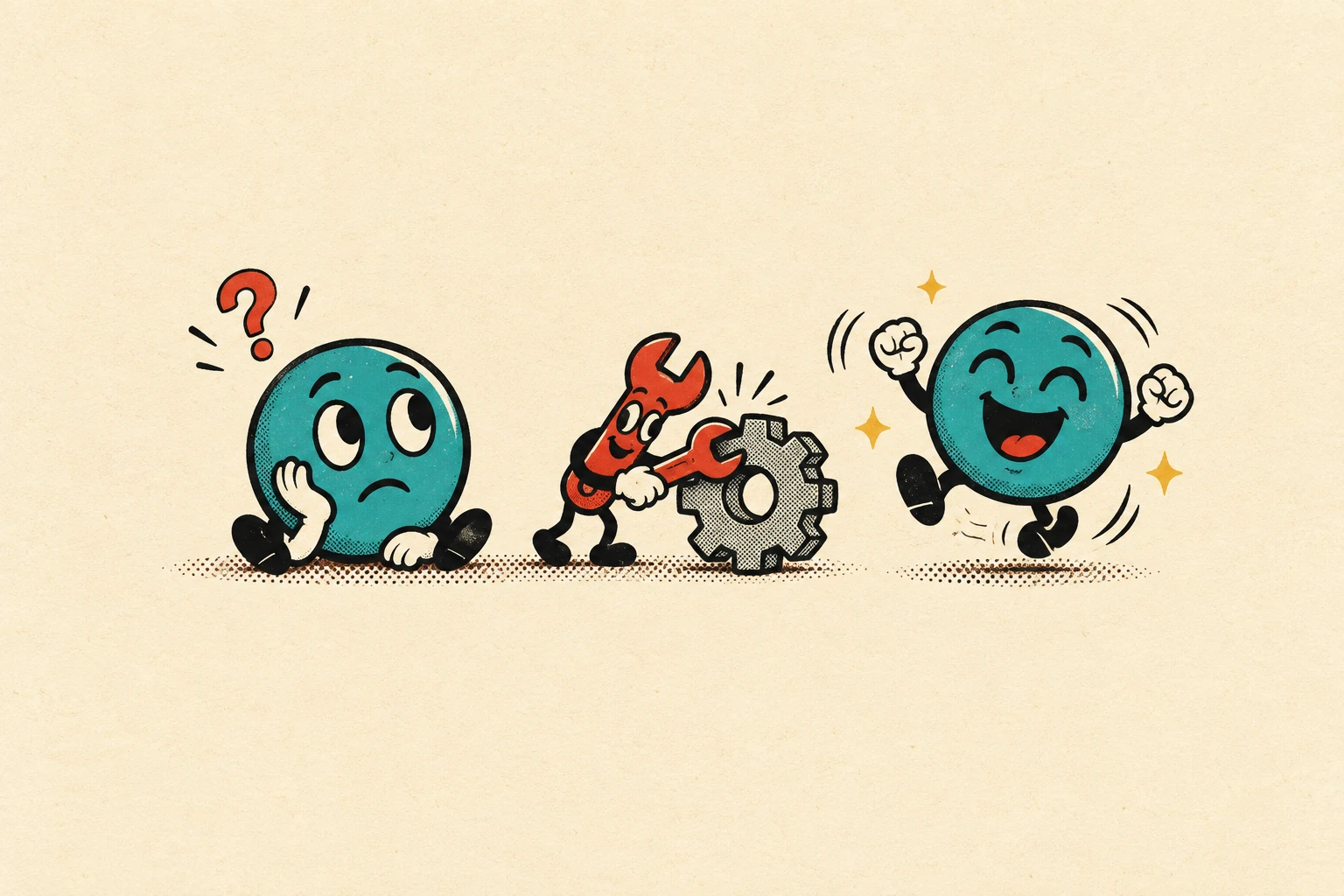 A comic screenprint of a frozen emoji being repaired
