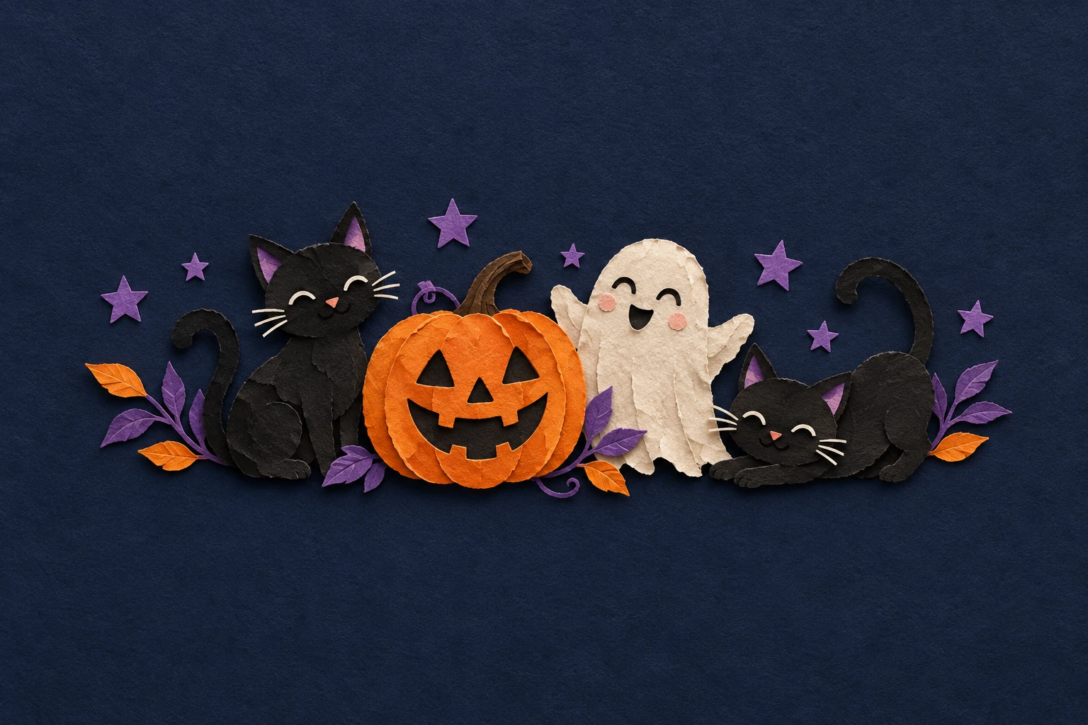 Halloween cats, pumpkins, and ghosts in a paper-cut illustration