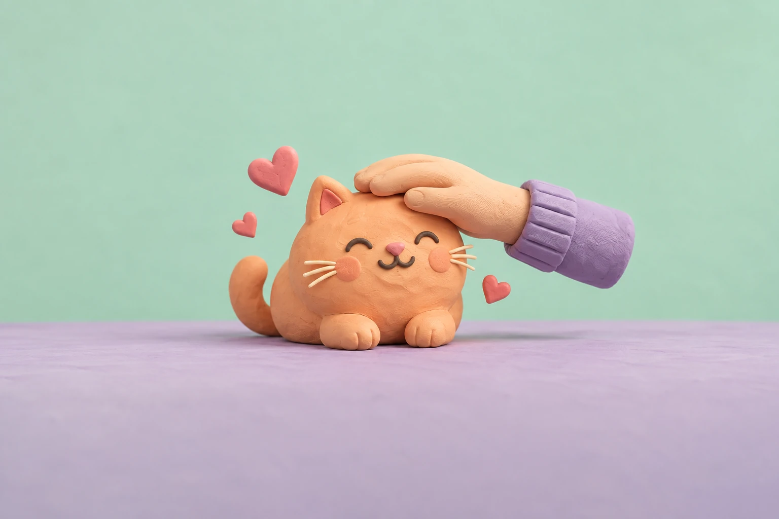 A soft clay cat being gently petted by a hand