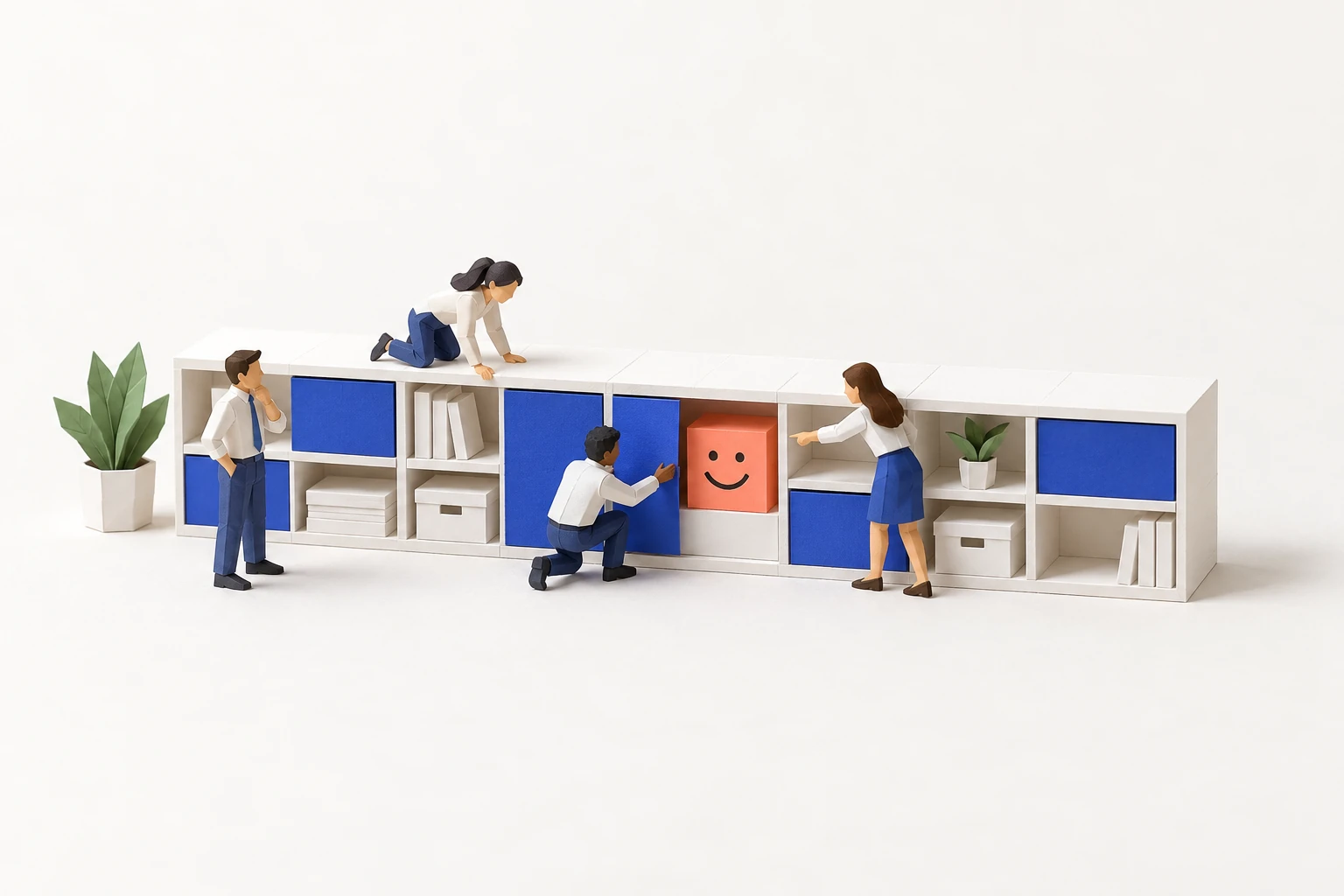 Colorful emoji and a missing tile in an isometric office illustration