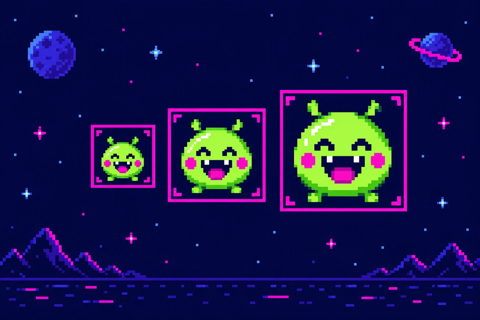 A retro pixel-art character shown at three Twitch emote sizes